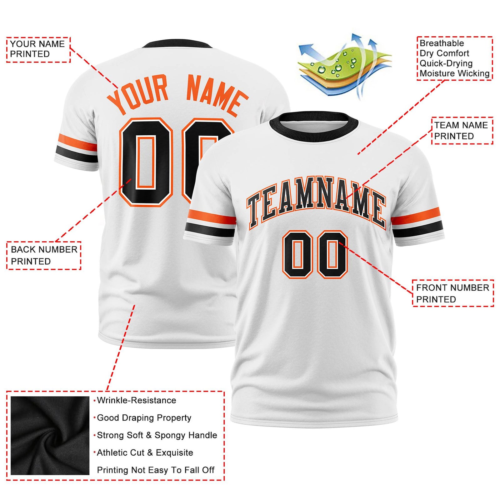 Custom White Orange-Black Color Block Design Performance T-Shirt