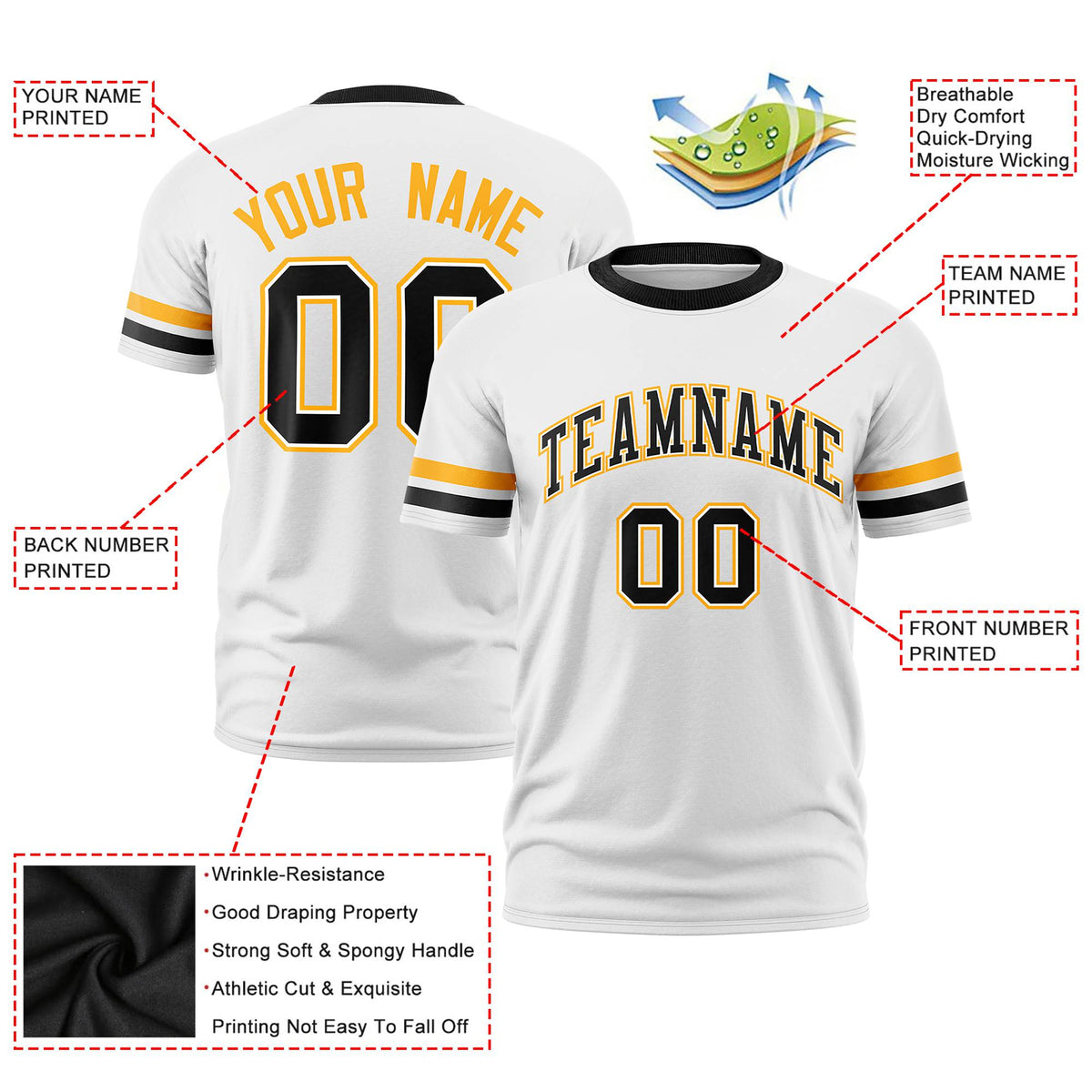 Custom White Yellow-Black Color Block Design Performance T-Shirt