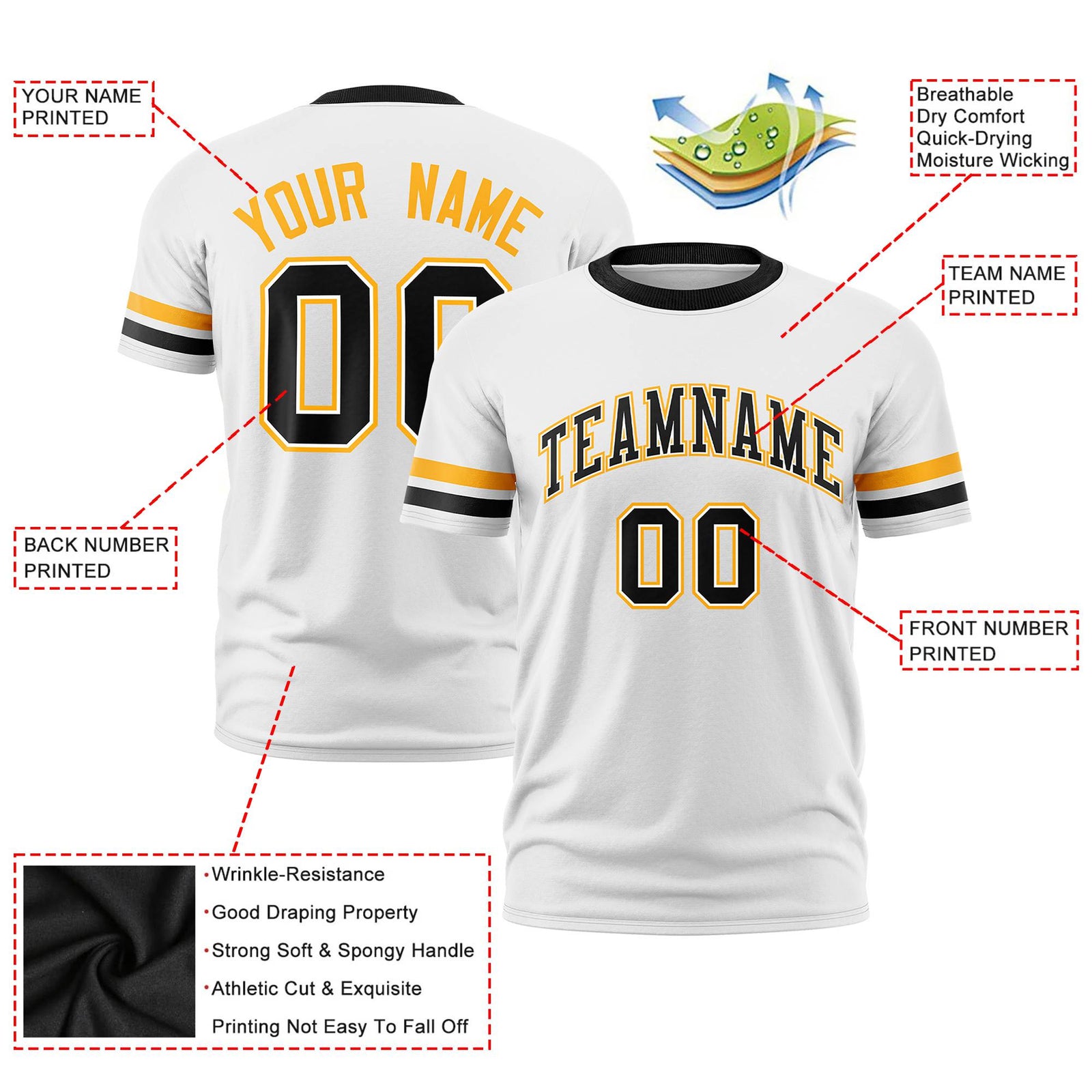 Custom White Yellow-Black Color Block Design Performance T-Shirt