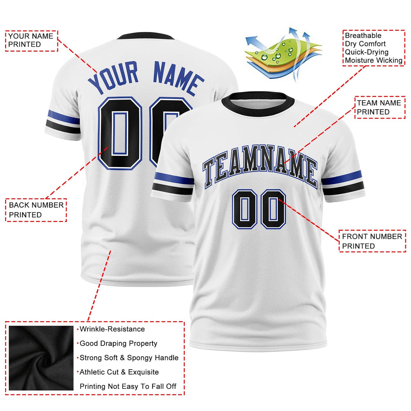 Custom White Royal Blue-Black Color Block Design Performance T-Shirt