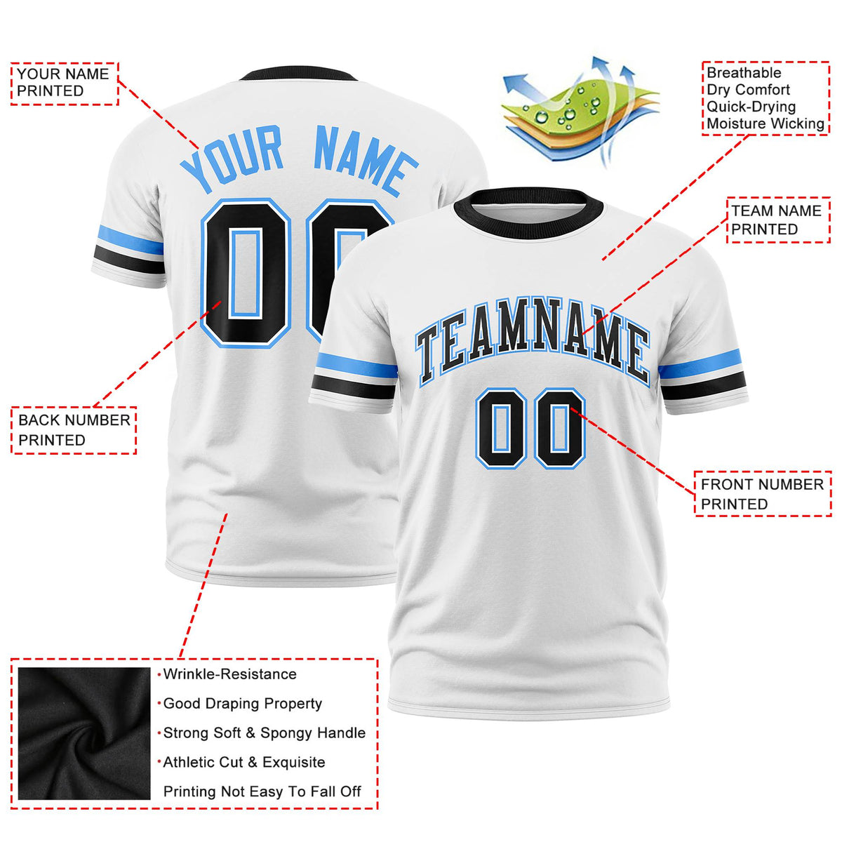 Custom White Powder Blue-Black Color Block Design Performance T-Shirt