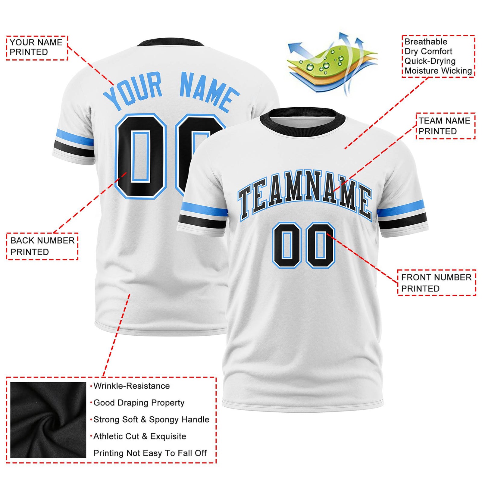 Custom White Powder Blue-Black Color Block Design Performance T-Shirt
