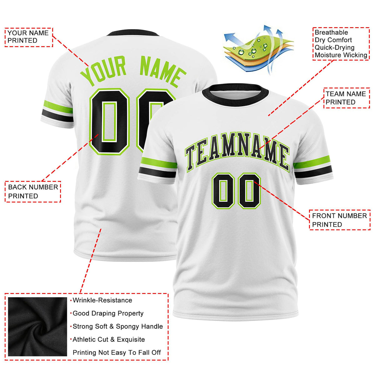 Custom White Neon Green-Black Color Block Design Performance T-Shirt