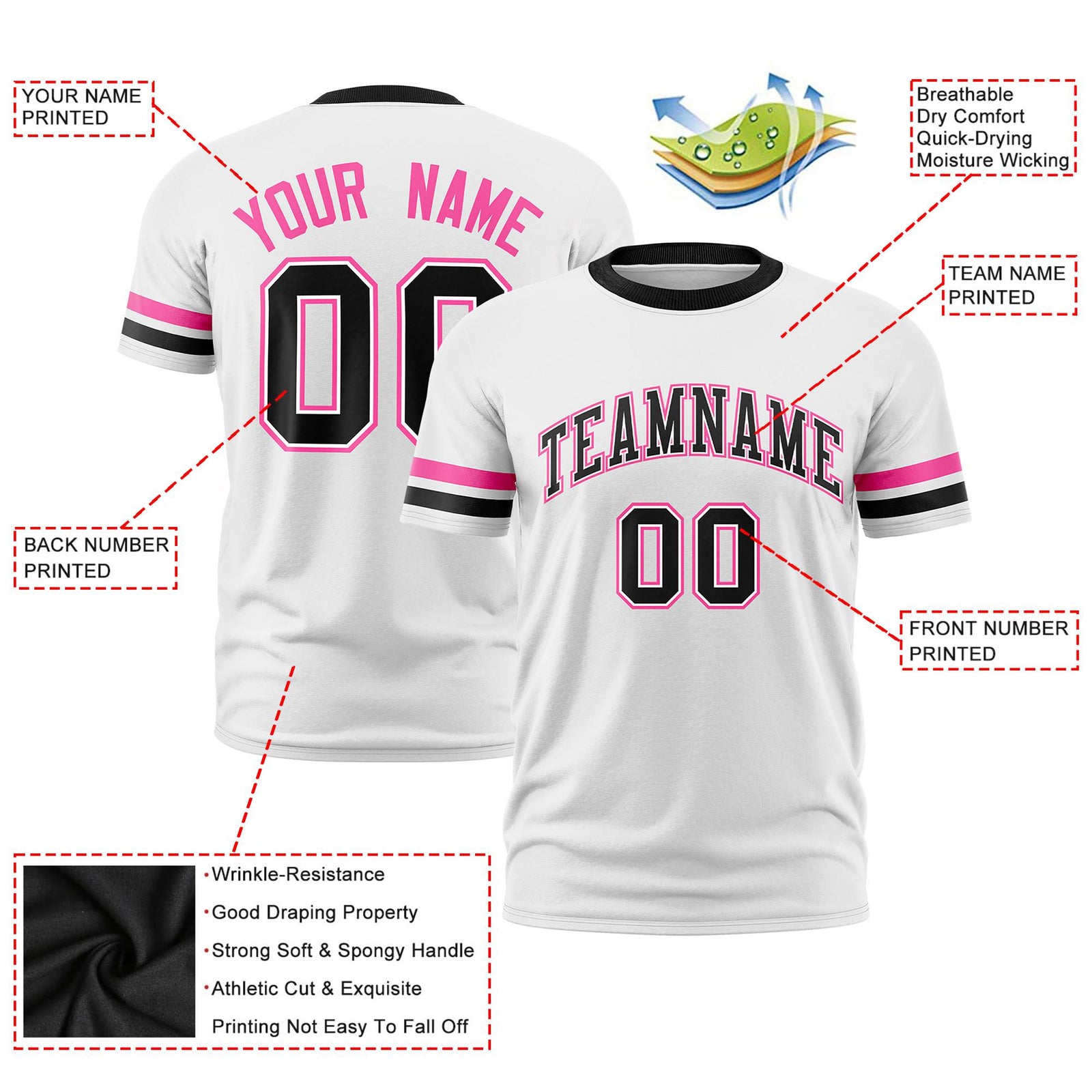 Custom White Pink-Black Color Block Design Performance T-Shirt