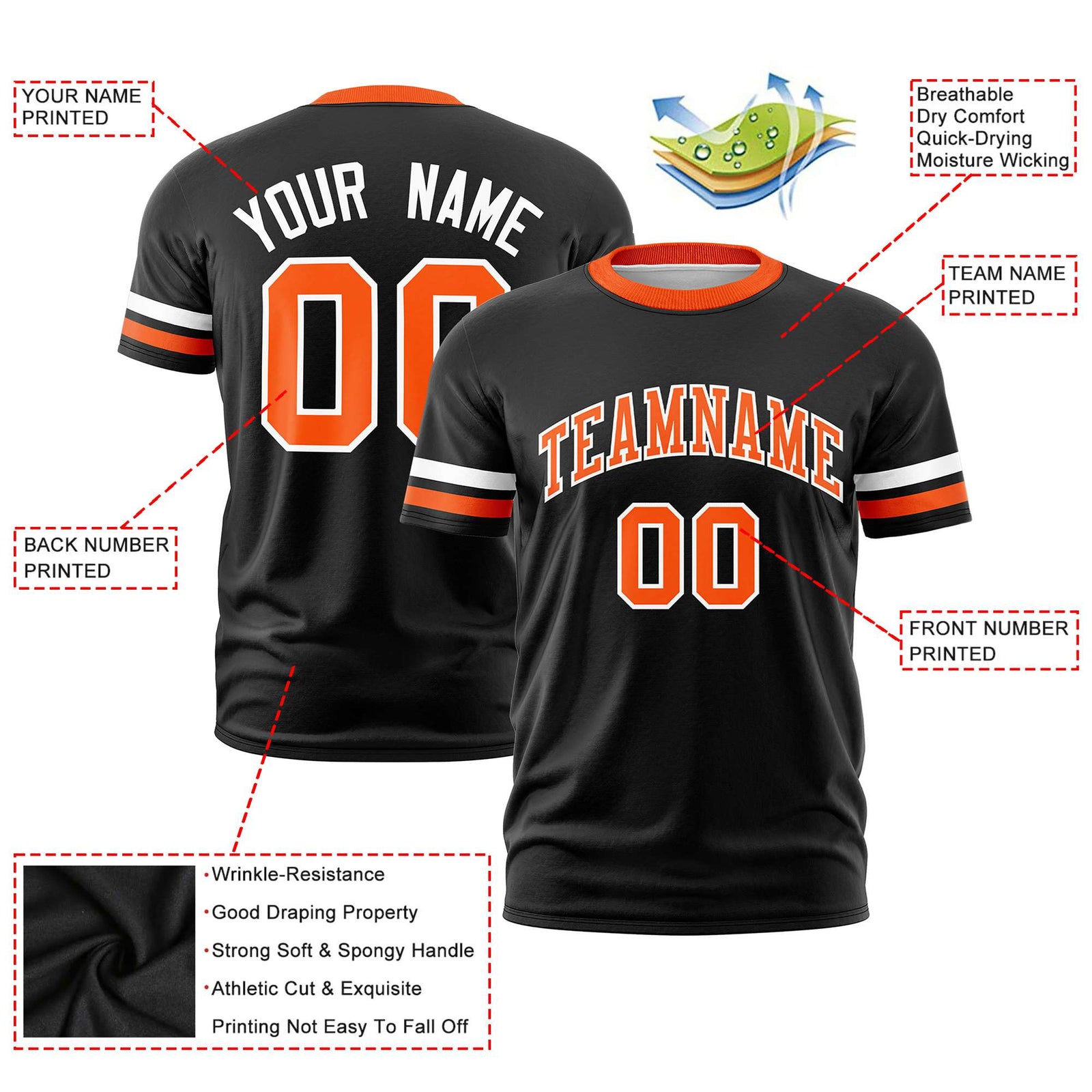 Custom Black White-Orange Color Block Design Performance T-Shirt