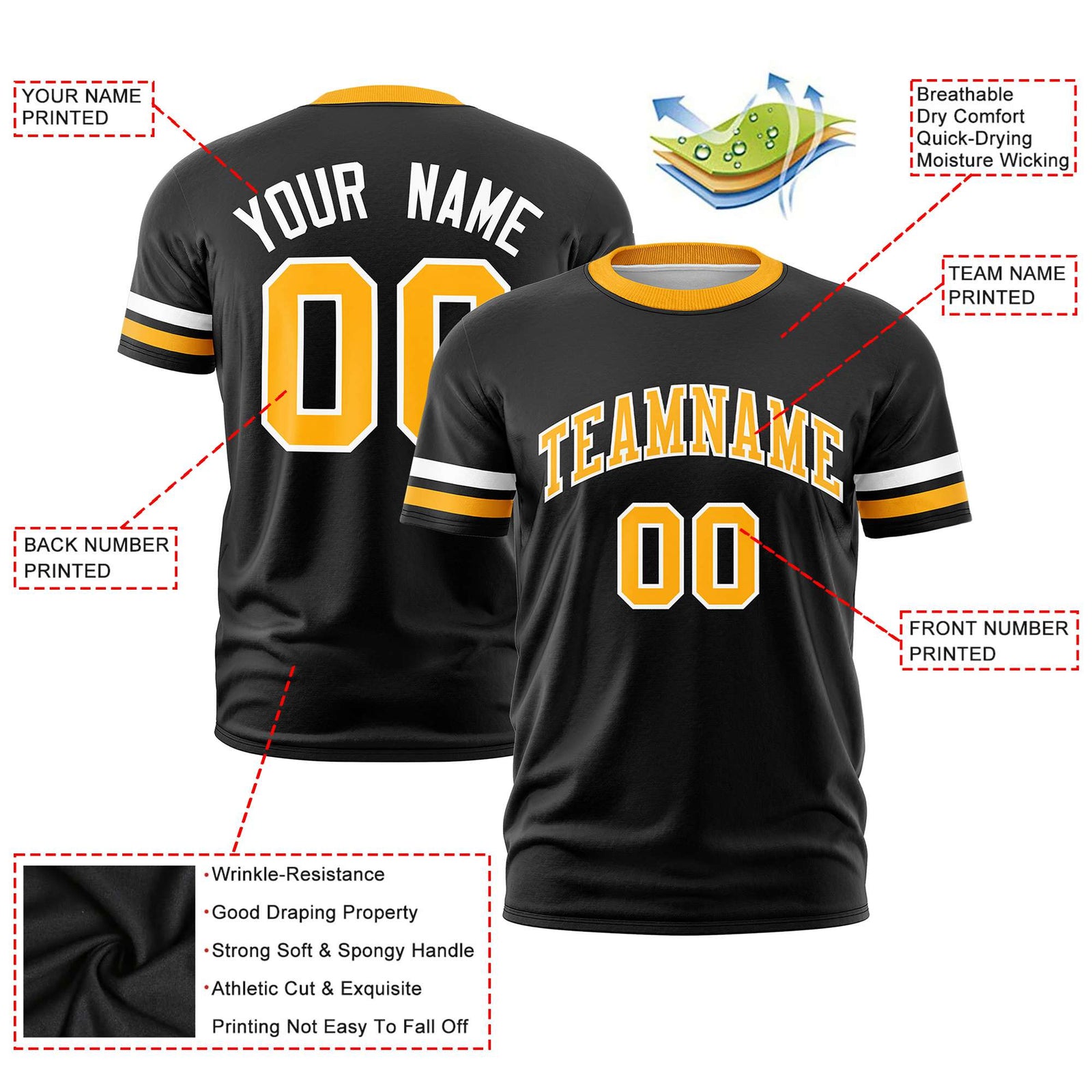 Custom Black White-Yellow Color Block Design Performance T-Shirt