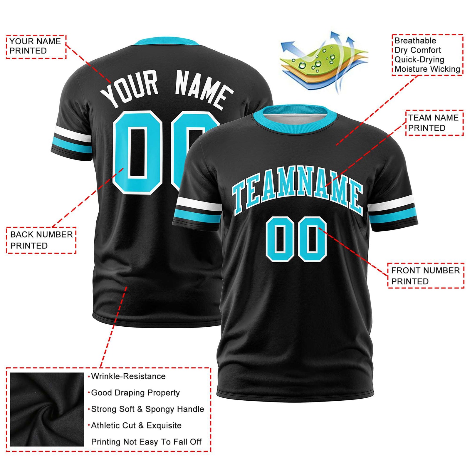 Custom Black White-Sky Blue Color Block Design Performance T-Shirt