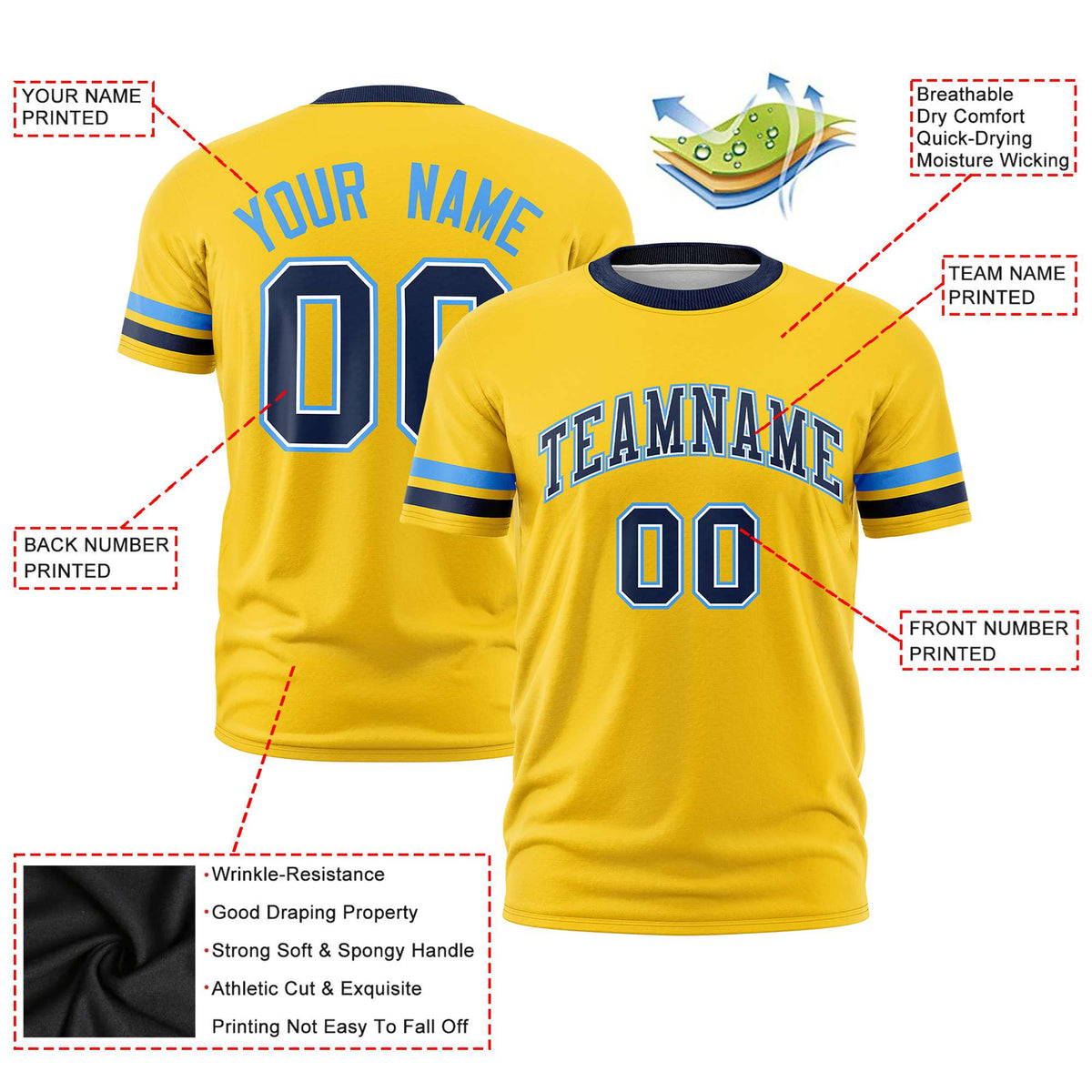 Custom Gold01 Powder Blue-Navy Color Block Design Performance T-Shirt