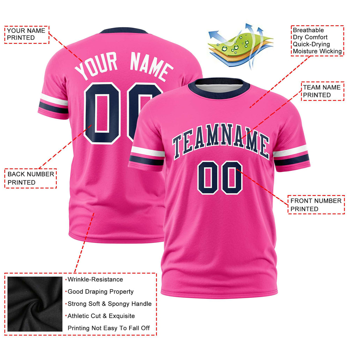 Custom Pink White-Navy Color Block Design Performance T-Shirt