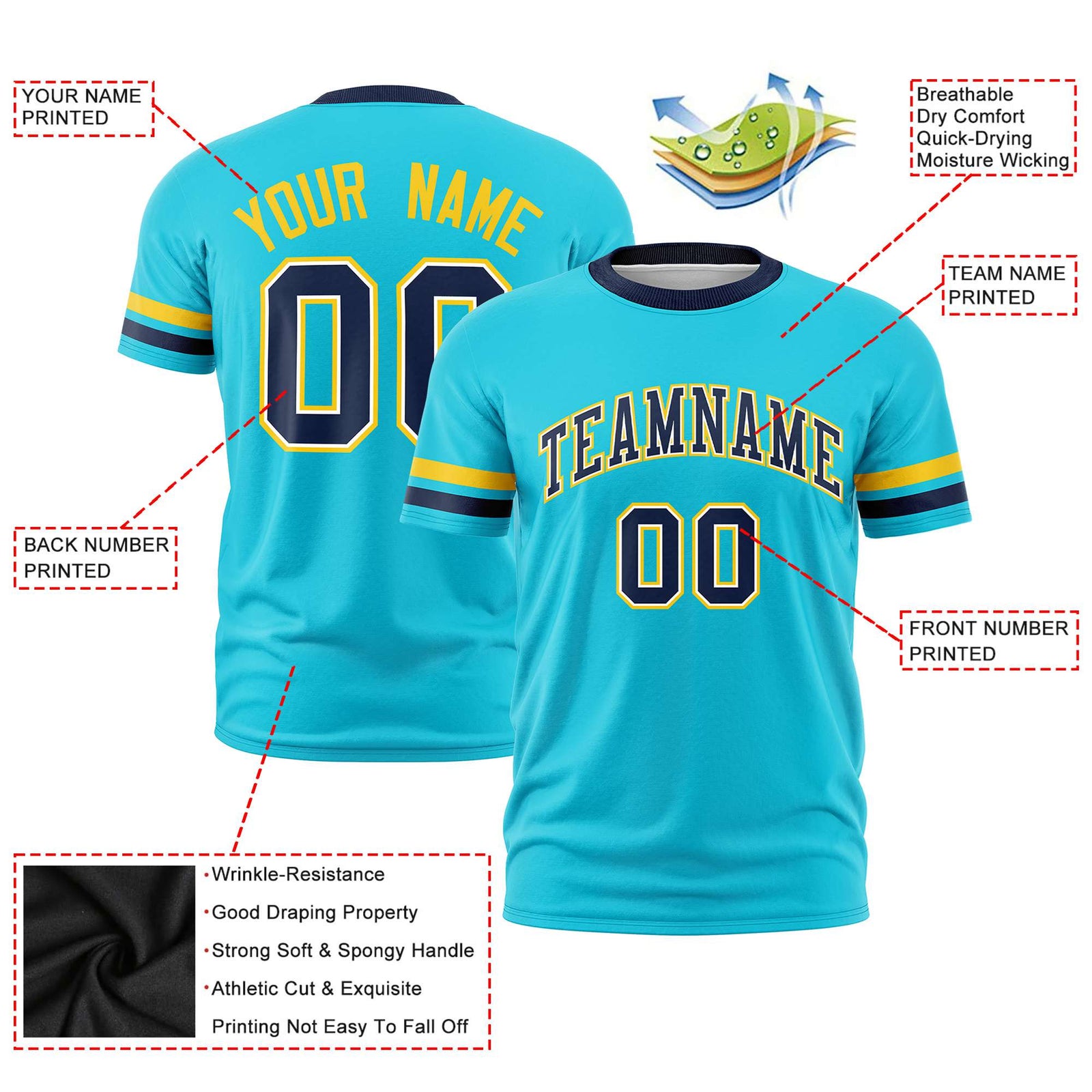 Custom Sky Blue Gold01-Navy Color Block Design Performance T-Shirt