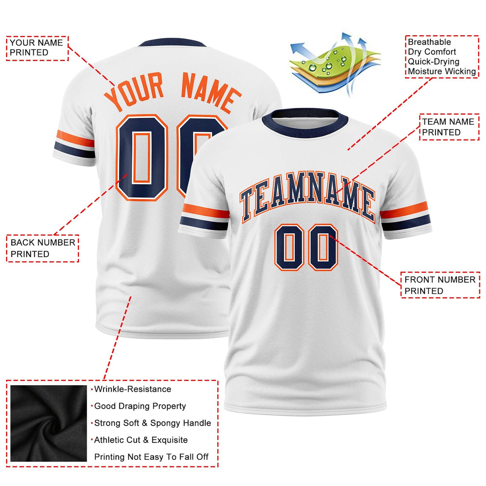 Custom White Orange-Navy Color Block Design Performance T-Shirt