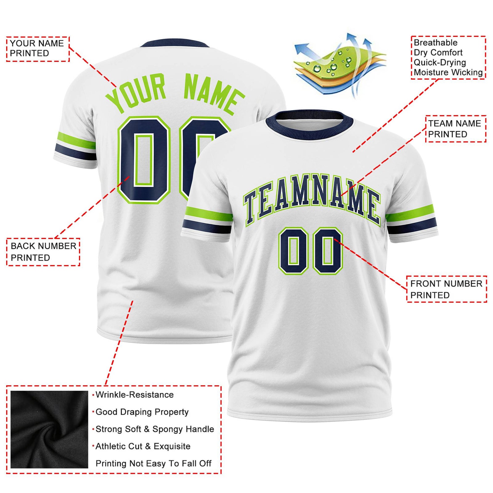 Custom White Neon Green-Navy Color Block Design Performance T-Shirt