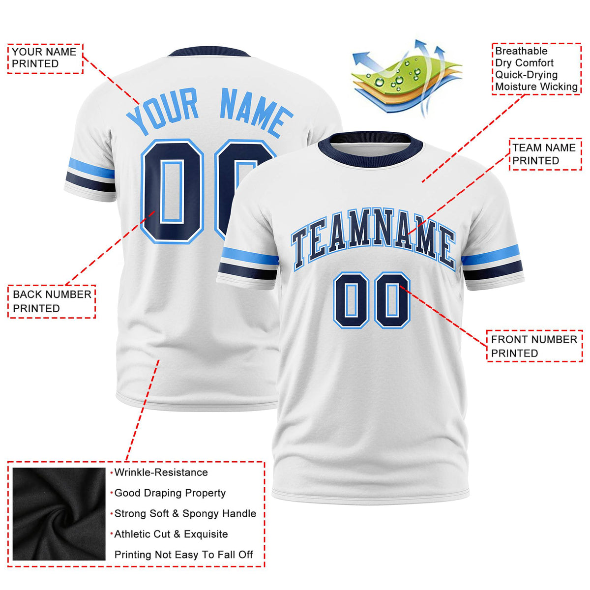 Custom White Powder Blue-Navy Color Block Design Performance T-Shirt