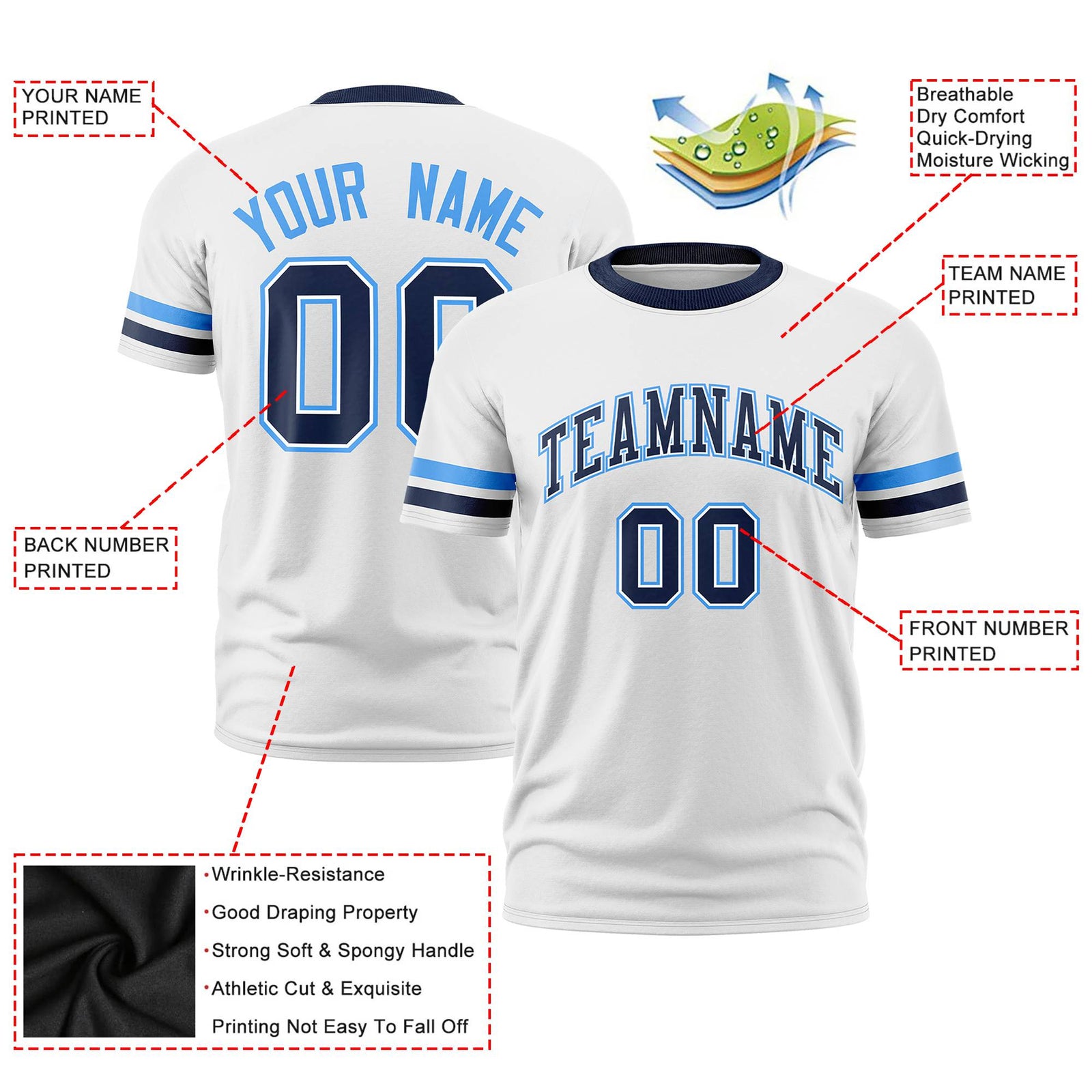 Custom White Powder Blue-Navy Color Block Design Performance T-Shirt