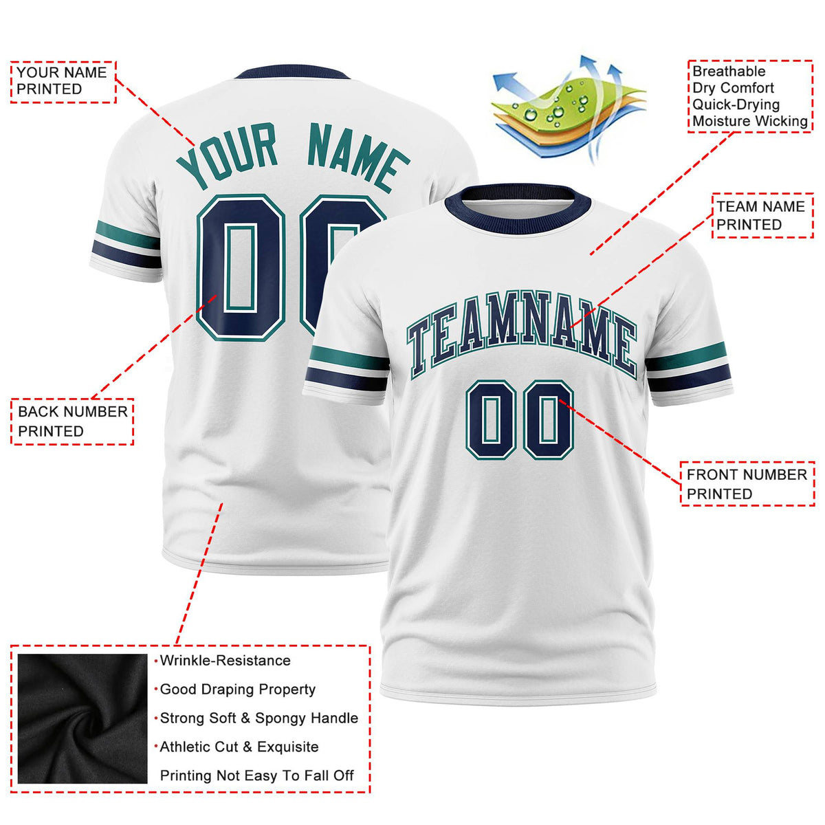 Custom White Aqua-Navy Color Block Design Performance T-Shirt