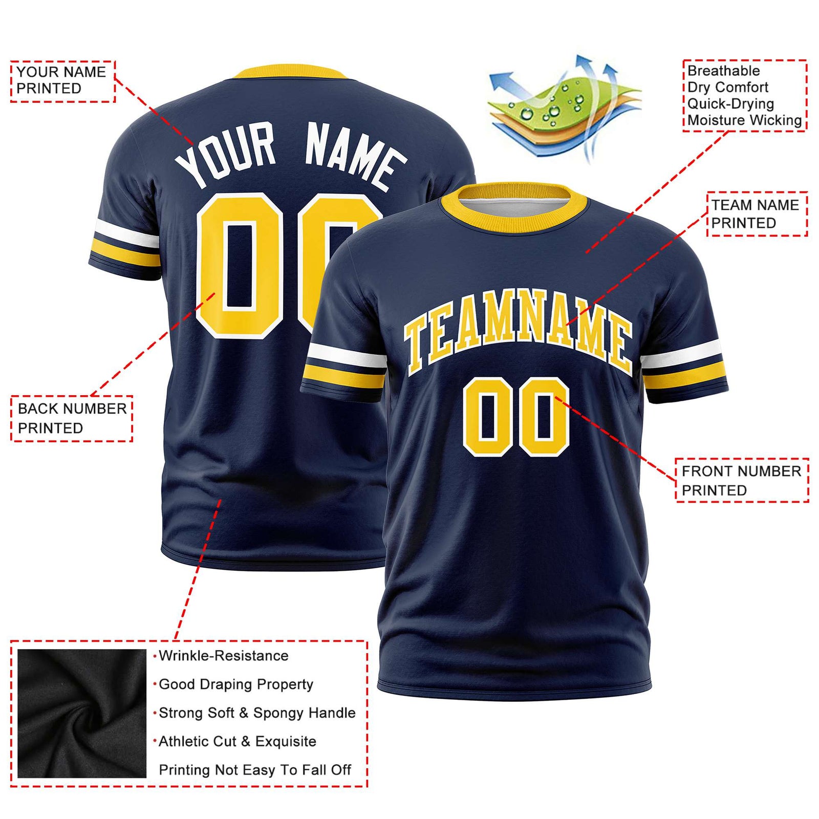 Custom Navy White-Gold01 Color Block Design Performance T-Shirt