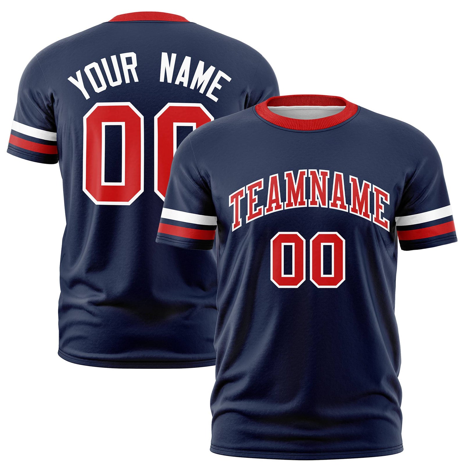 Custom Navy White-Red Color Block Design Performance T-Shirt
