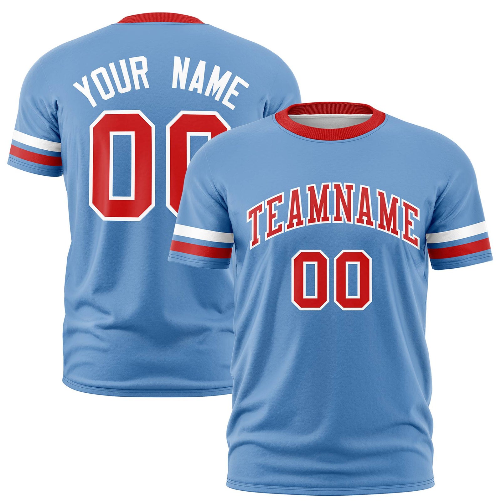 Custom Light Blue White-Red Color Block Design Performance T-Shirt