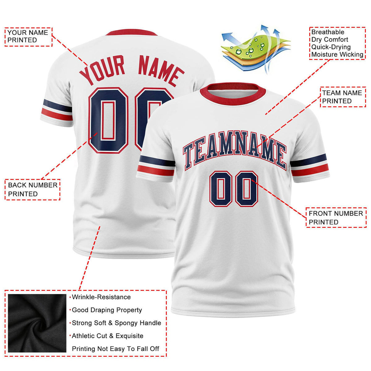 Custom White Navy-Red Color Block Design Performance T-Shirt
