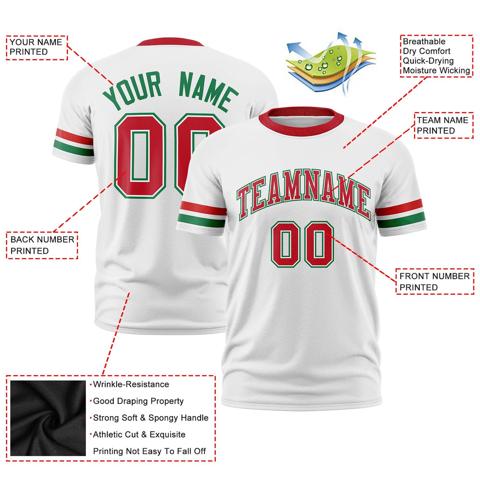 Custom White Red-Kelly Green Color Block Design Performance T-Shirt