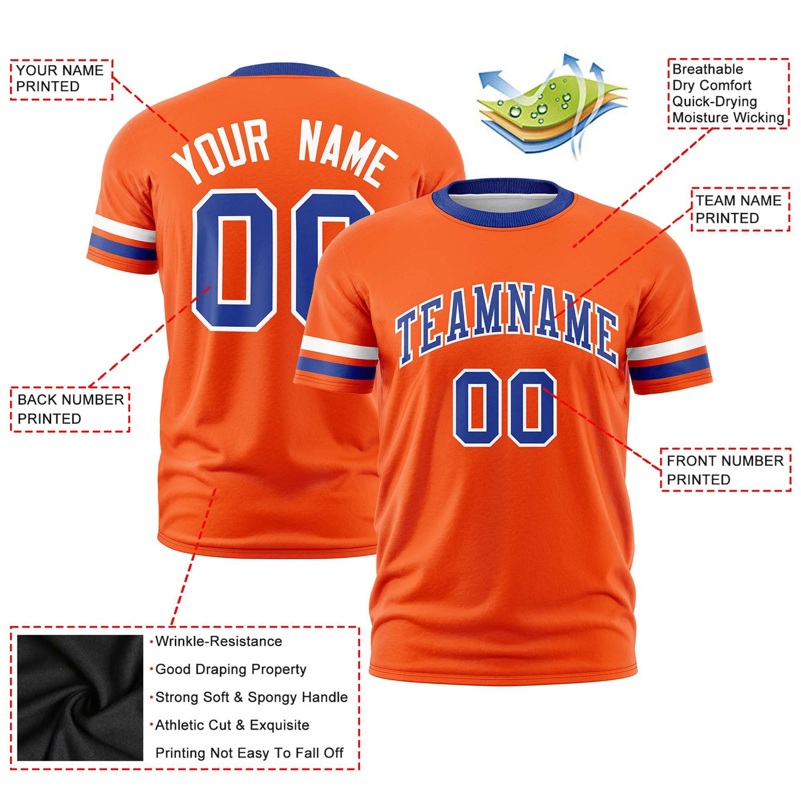 Custom Orange White-Royal Blue Color Block Design Performance T-Shirt