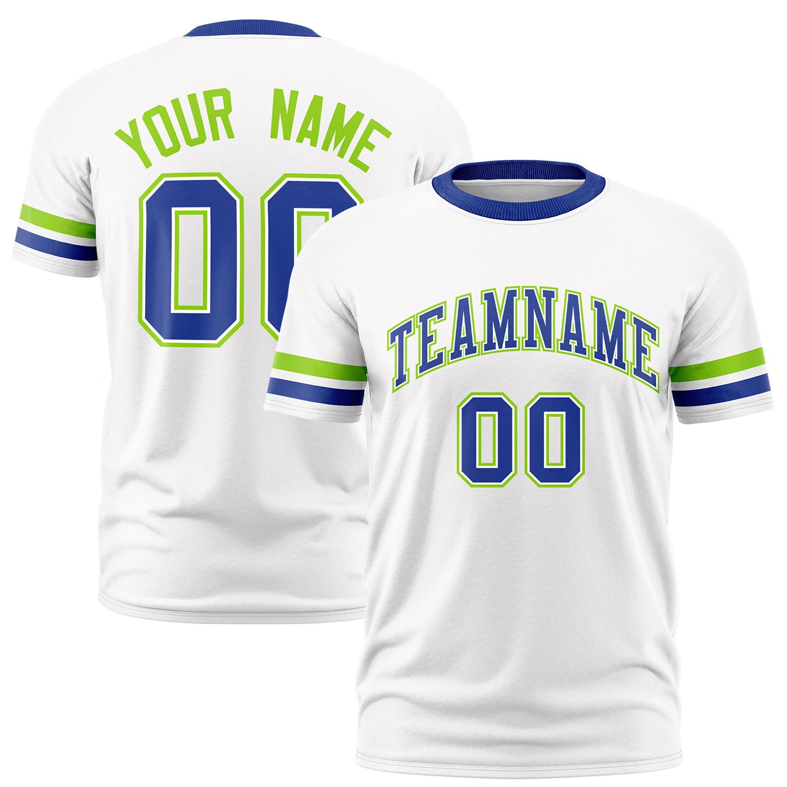 Custom White Neon Green-Royal Blue Color Block Design Performance T-Shirt