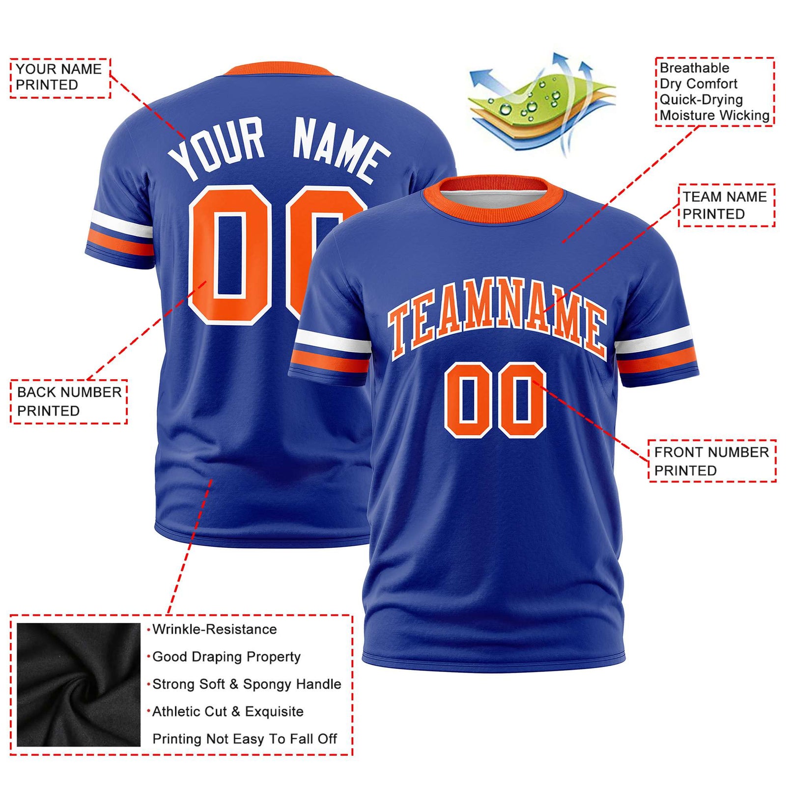 Custom Royal Blue White-Orange Color Block Design Performance T-Shirt