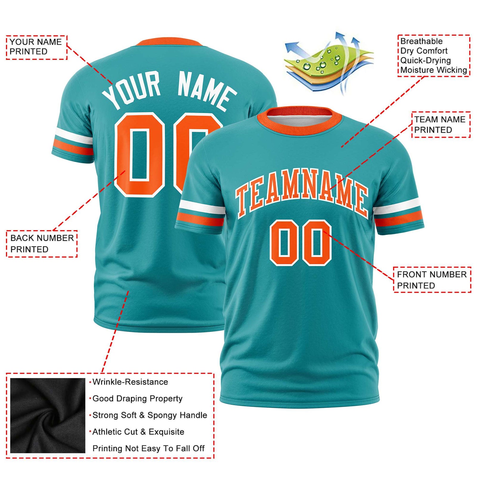 Custom Powder Blue White-Orange Color Block Design Performance T-Shirt