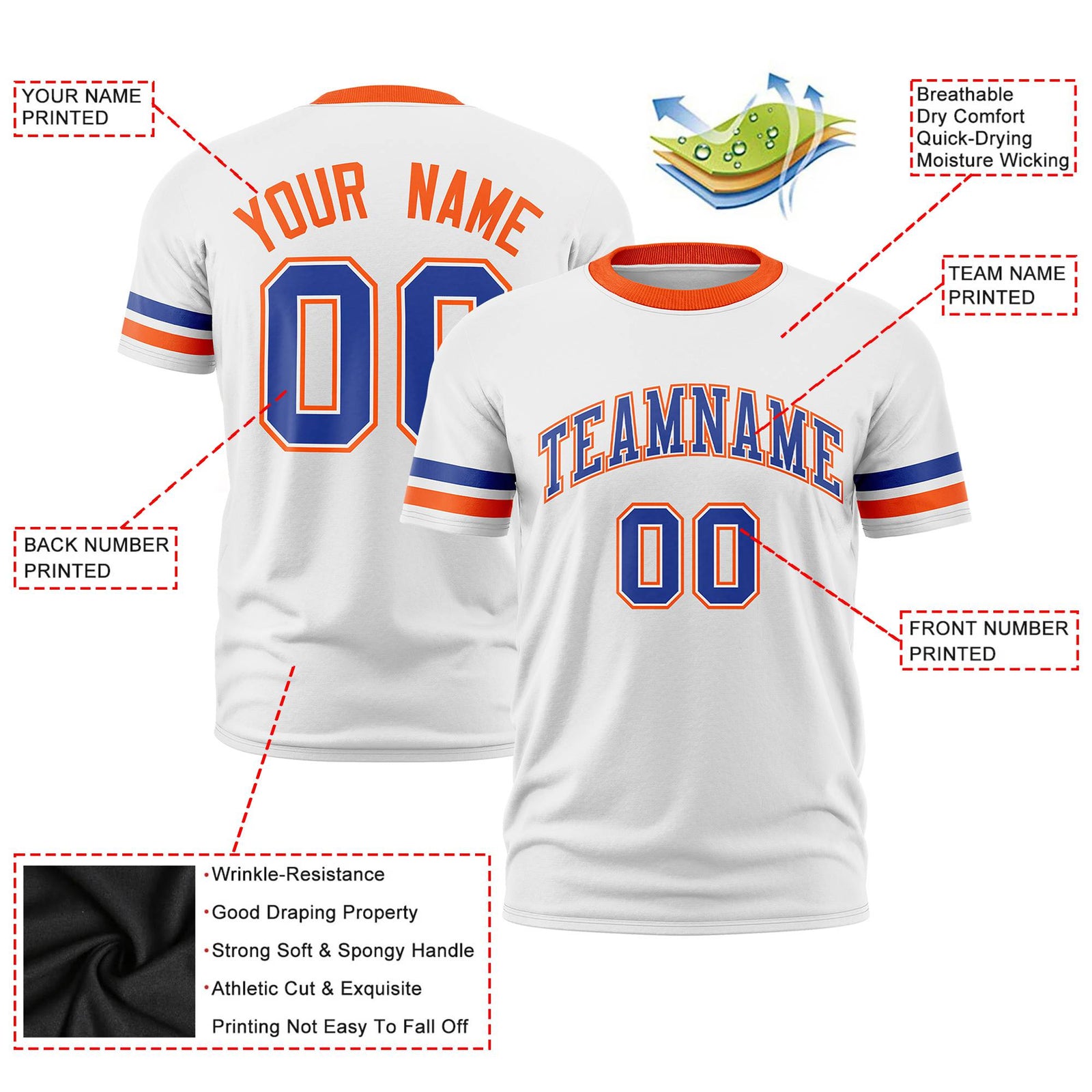 Custom White Royal Blue-Orange Color Block Design Performance T-Shirt