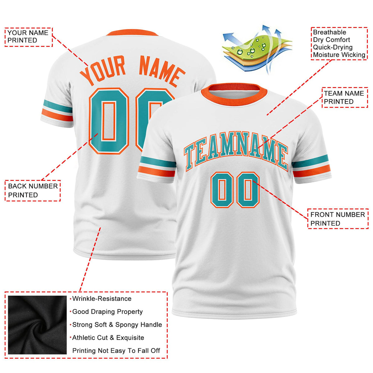 Custom White Aqua-Orange Color Block Design Performance T-Shirt