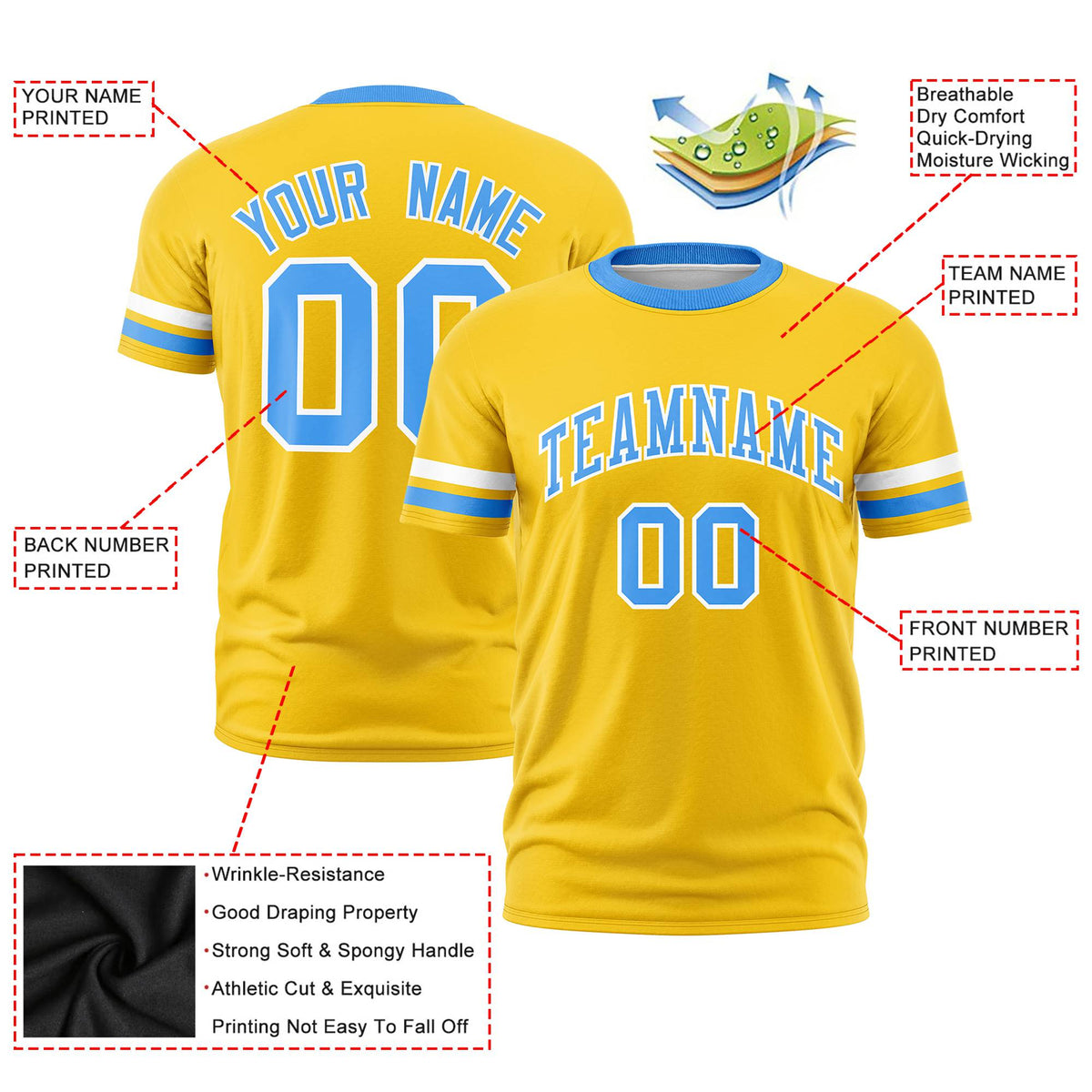 Custom Gold01 White-Powder Blue Color Block Design Performance T-Shirt