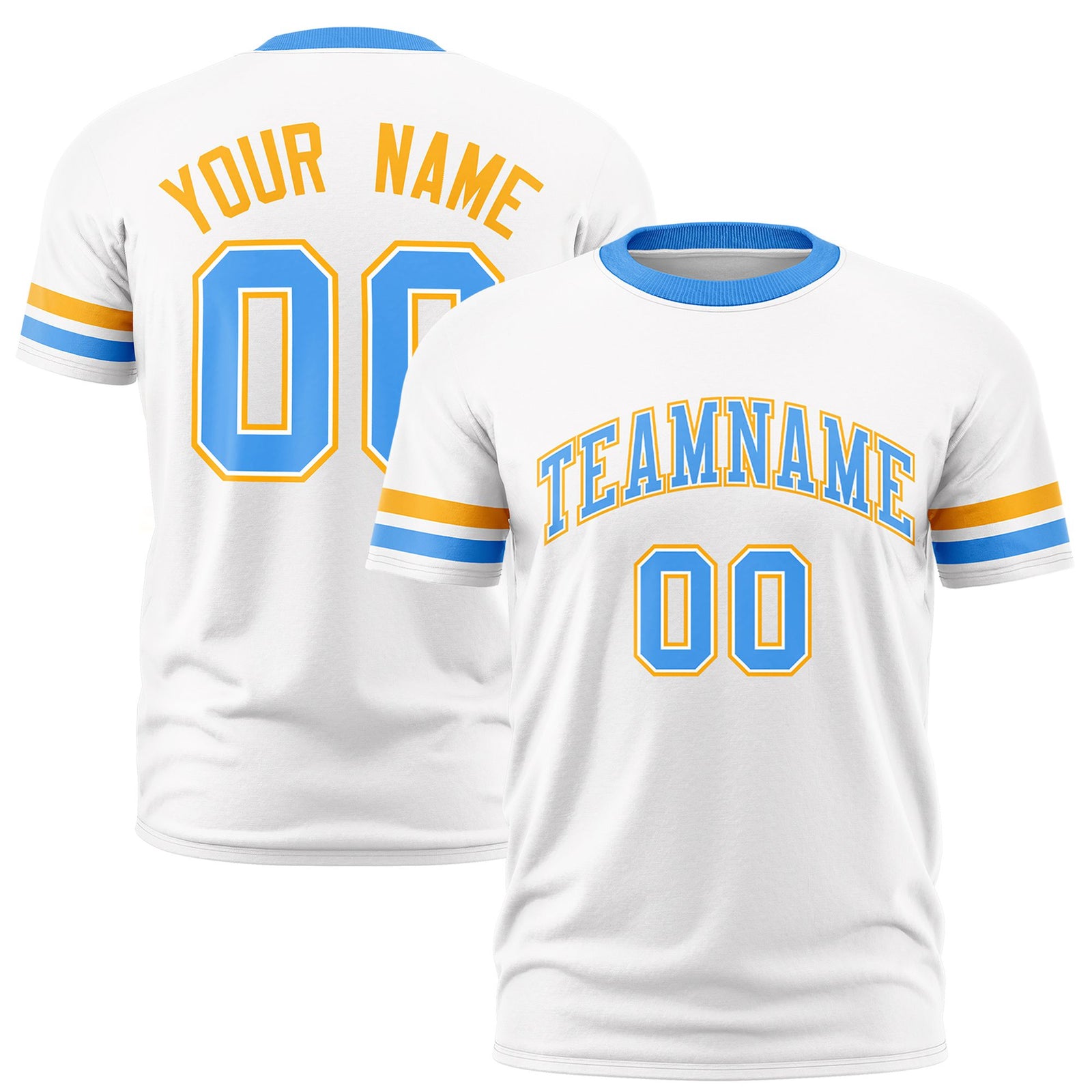 Custom White Yellow-Powder Blue Color Block Design Performance T-Shirt