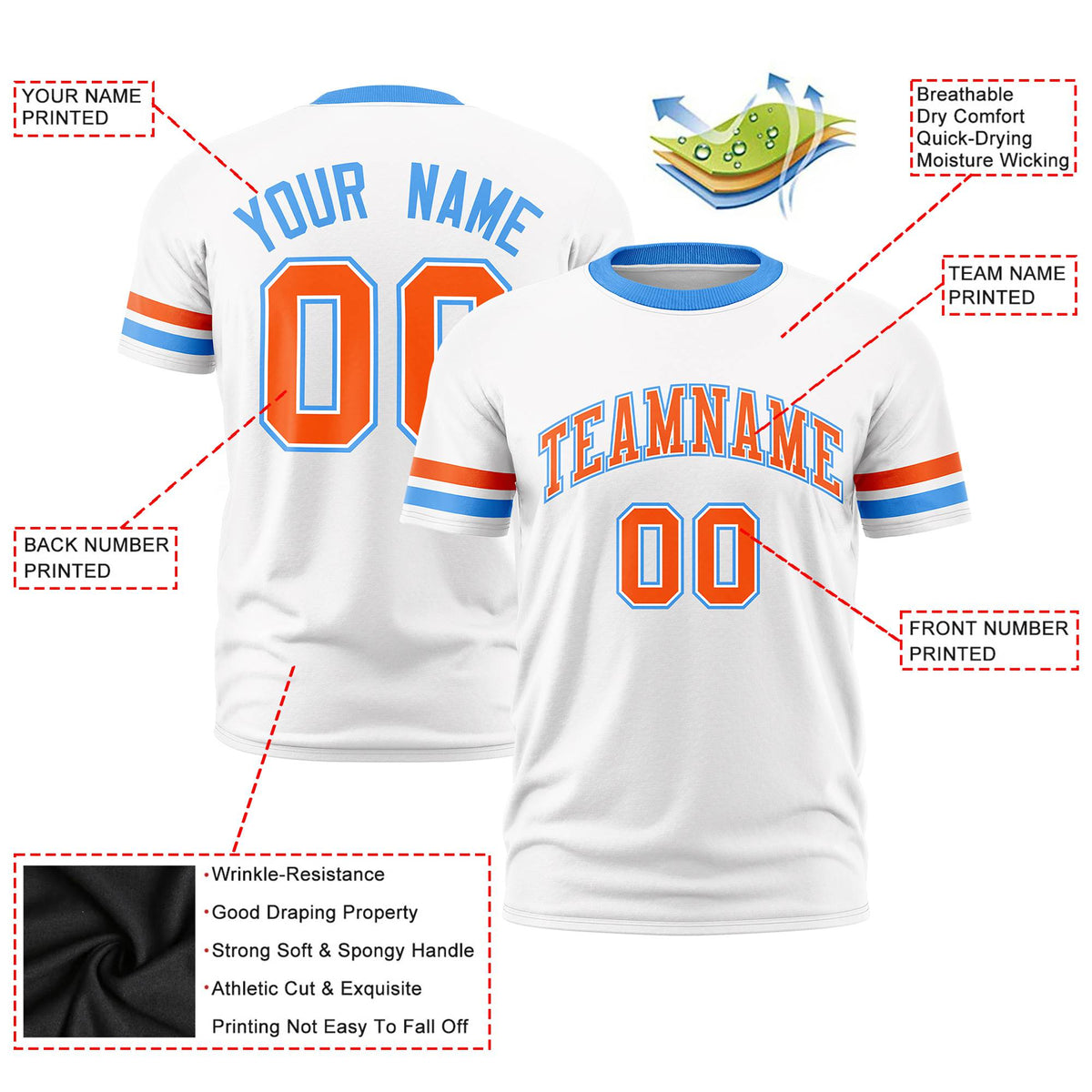 Custom White Orange-Powder Blue Color Block Design Performance T-Shirt