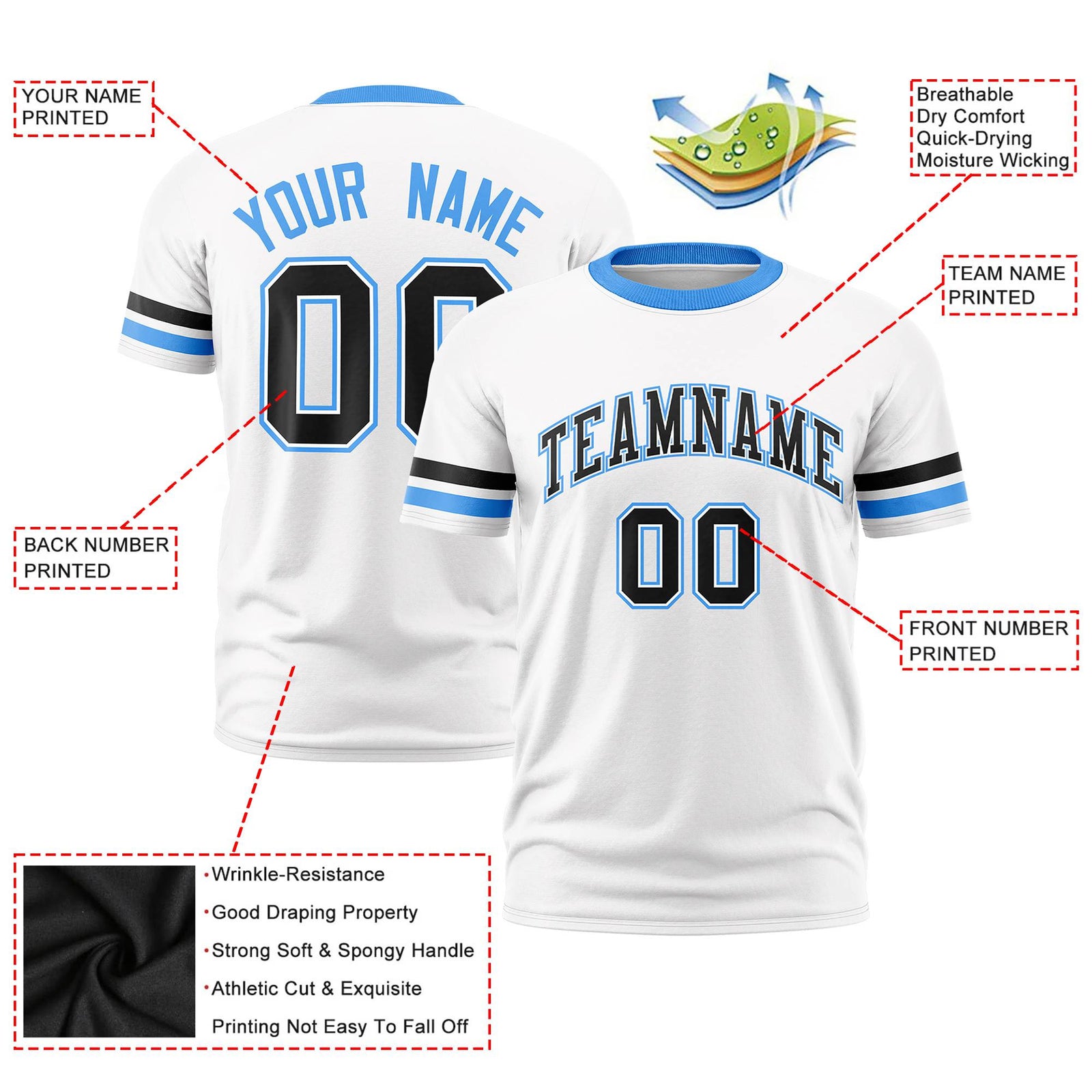 Custom White Black-Powder Blue Color Block Design Performance T-Shirt