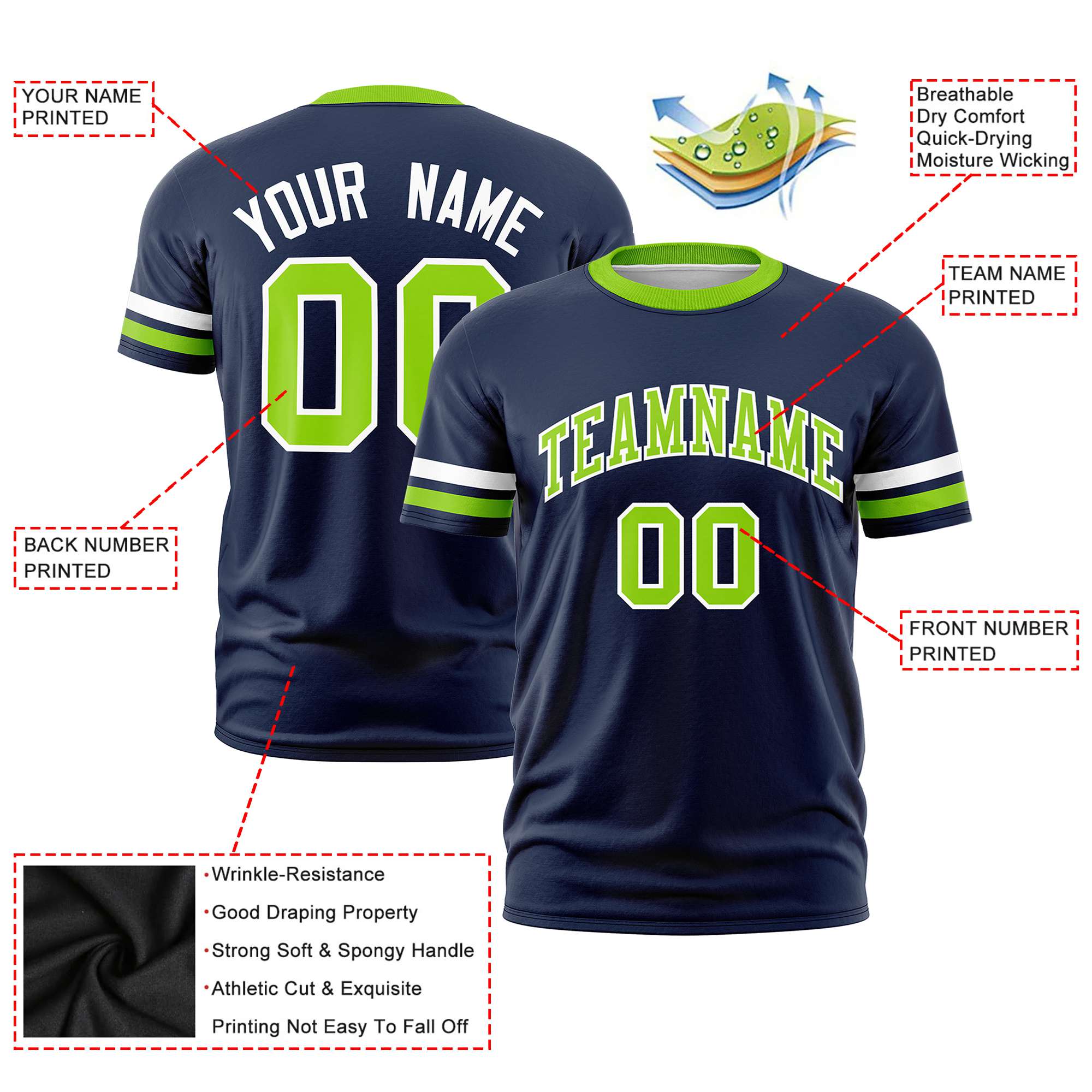 Custom Navy White-Neon Green Color Block Design Performance T-Shirt