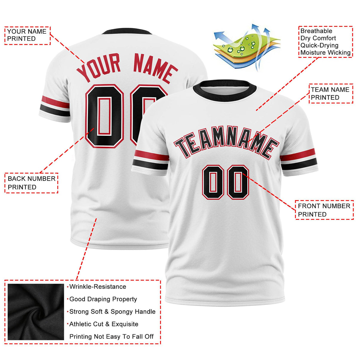 Custom White Red-Black Color Block Design Performance T-Shirt