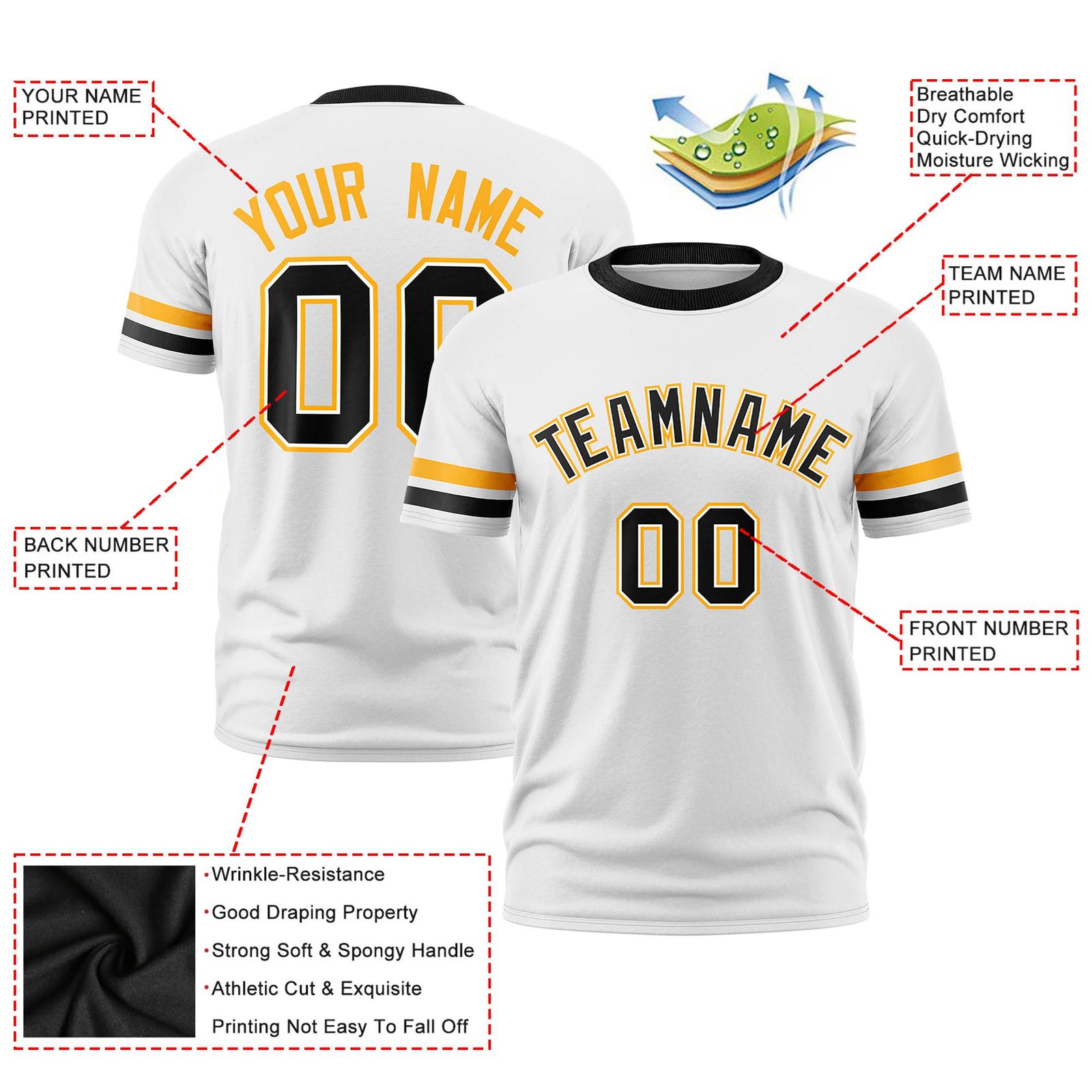 Custom White Yellow-Black Color Block Design Performance T-Shirt