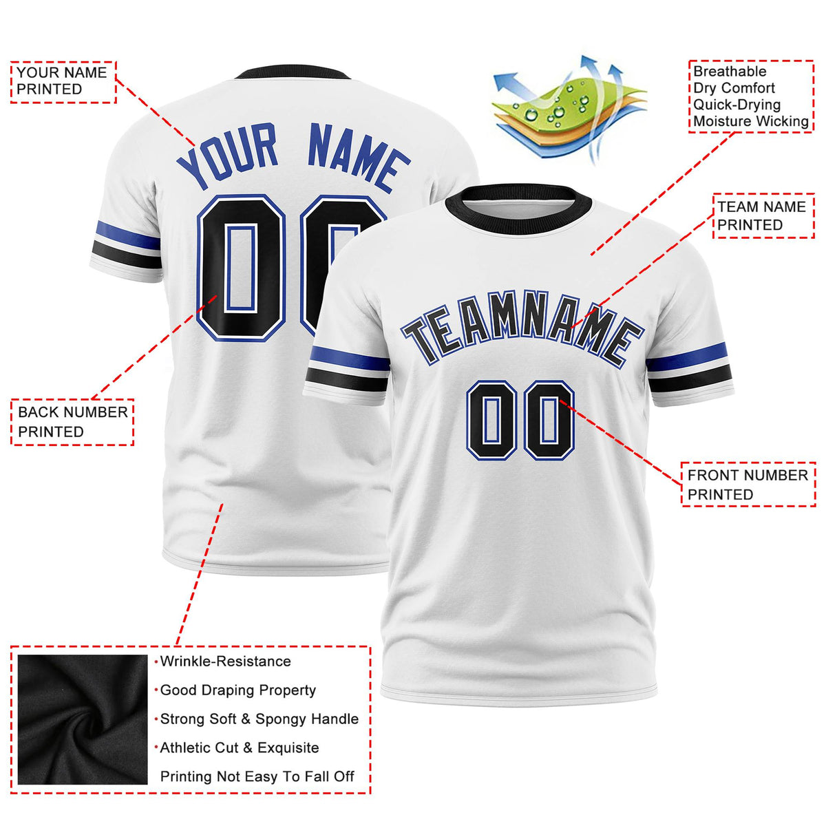 Custom White Royal Blue-Black Color Block Design Performance T-Shirt