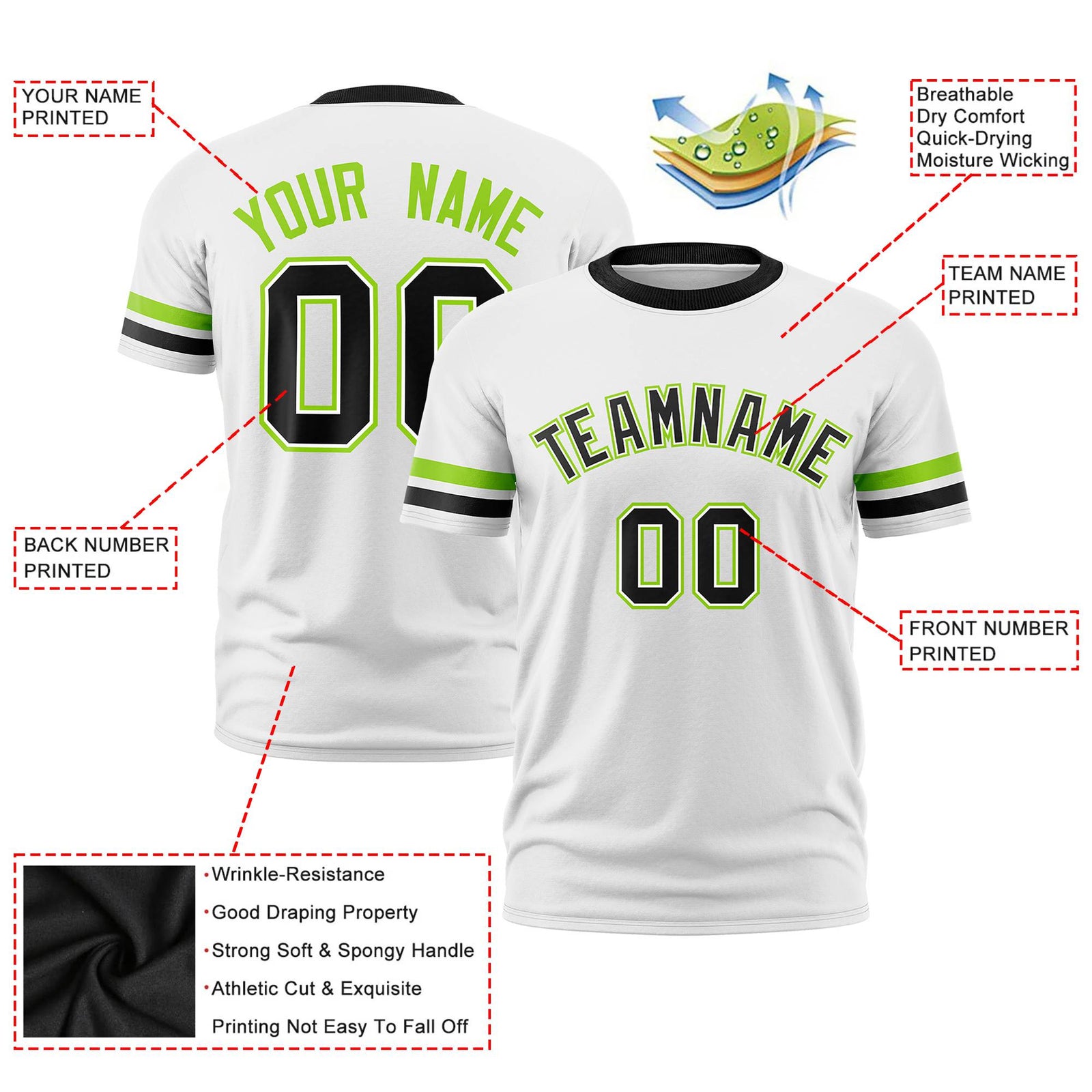 Custom White Neon Green-Black Color Block Design Performance T-Shirt