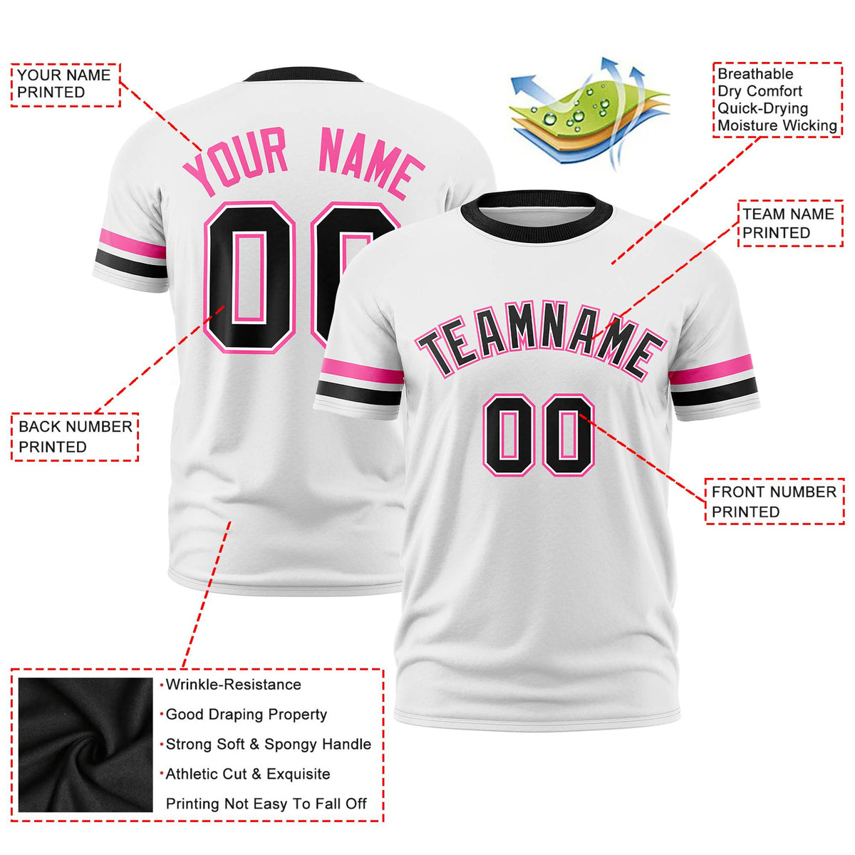 Custom White Pink-Black Color Block Design Performance T-Shirt