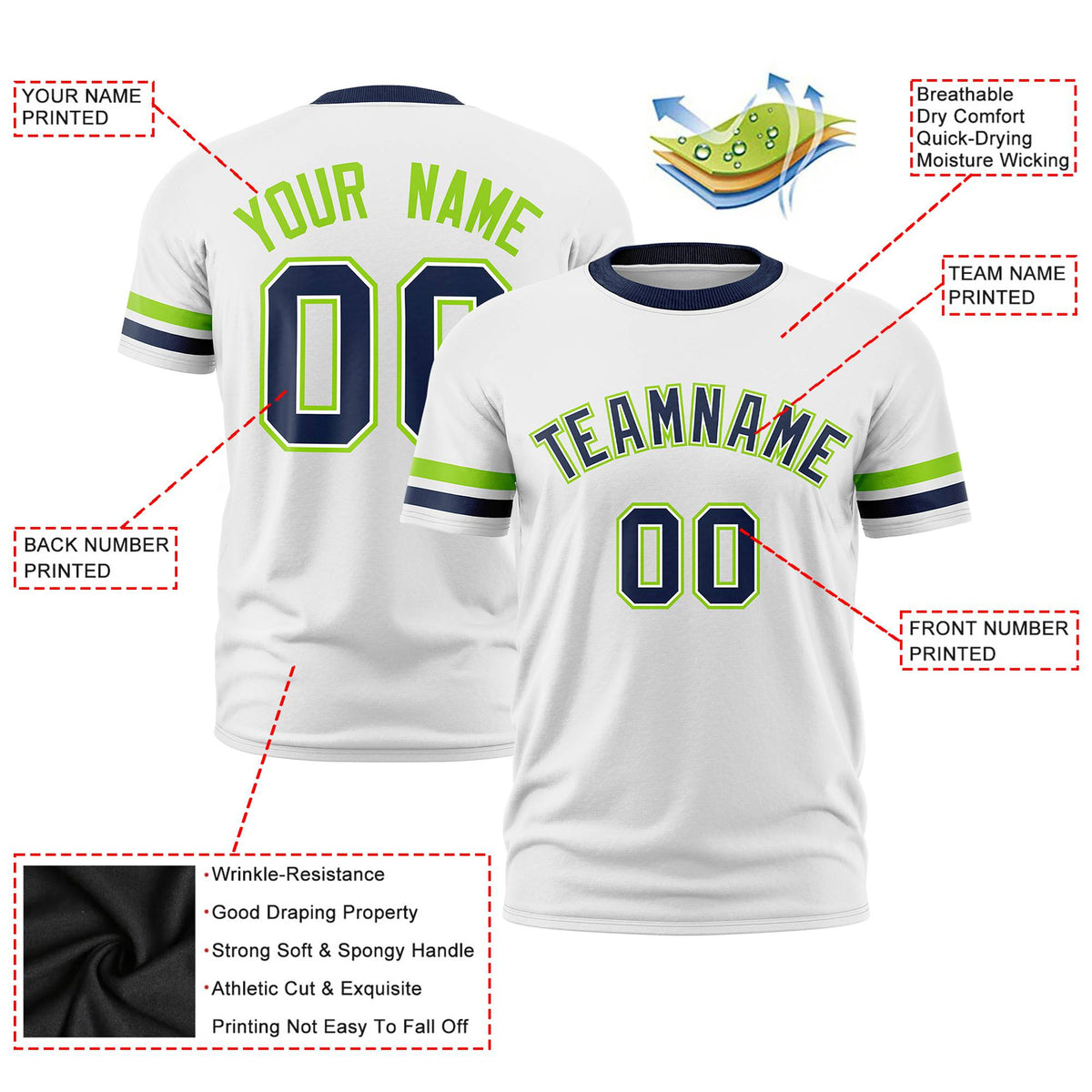 Custom White Neon Green-Navy Color Block Design Performance T-Shirt