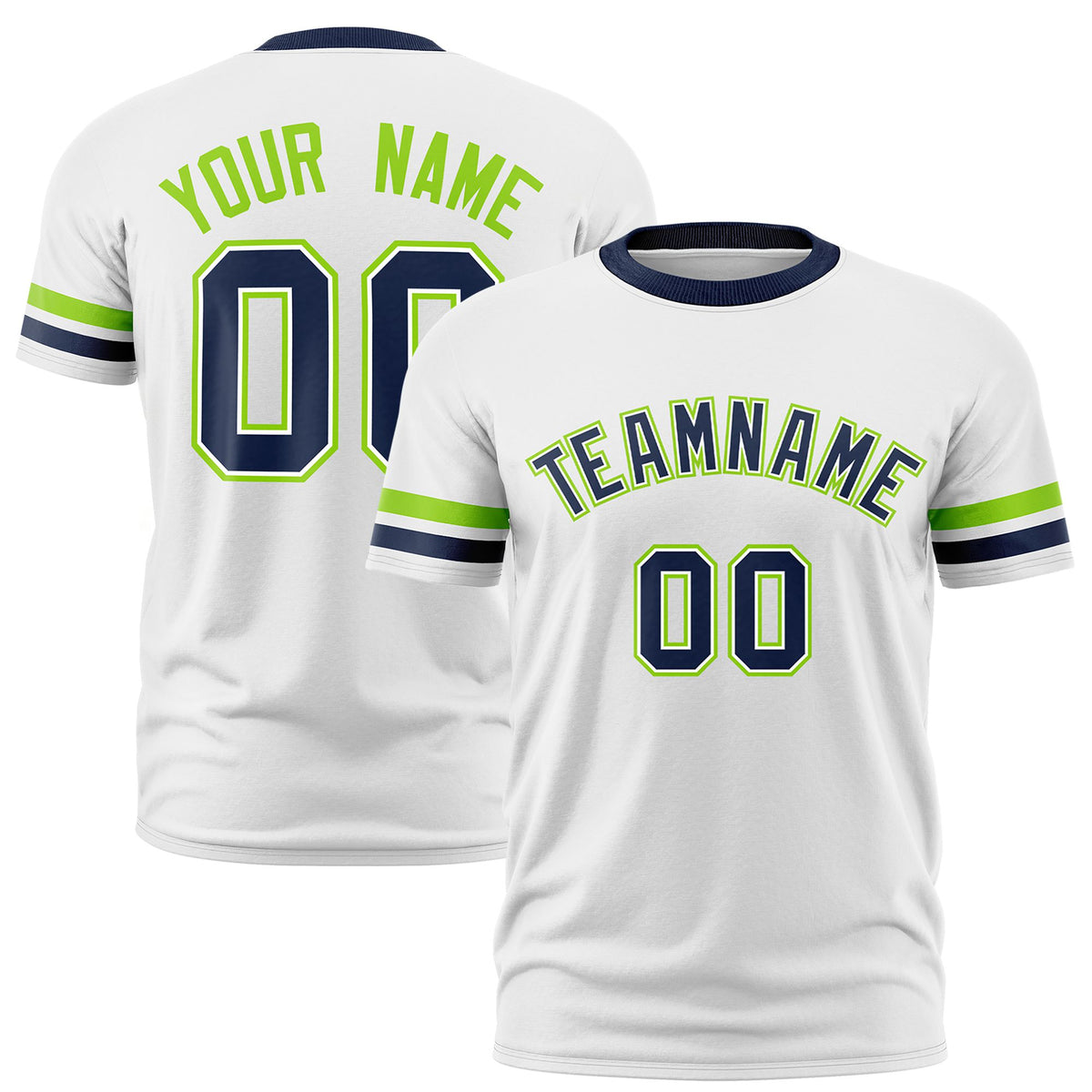 Custom White Neon Green-Navy Color Block Design Performance T-Shirt