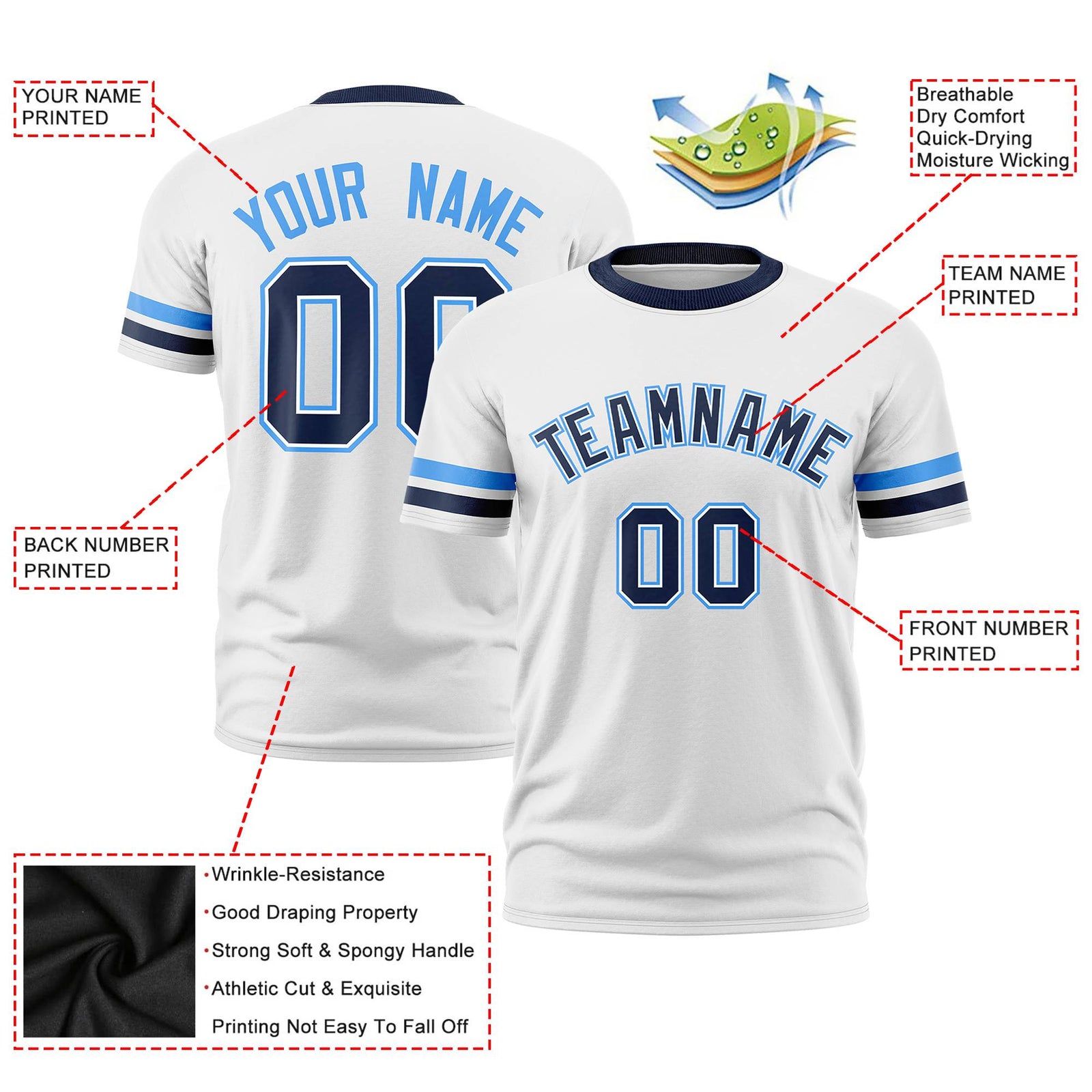 Custom White Powder Blue-Navy Color Block Design Performance T-Shirt