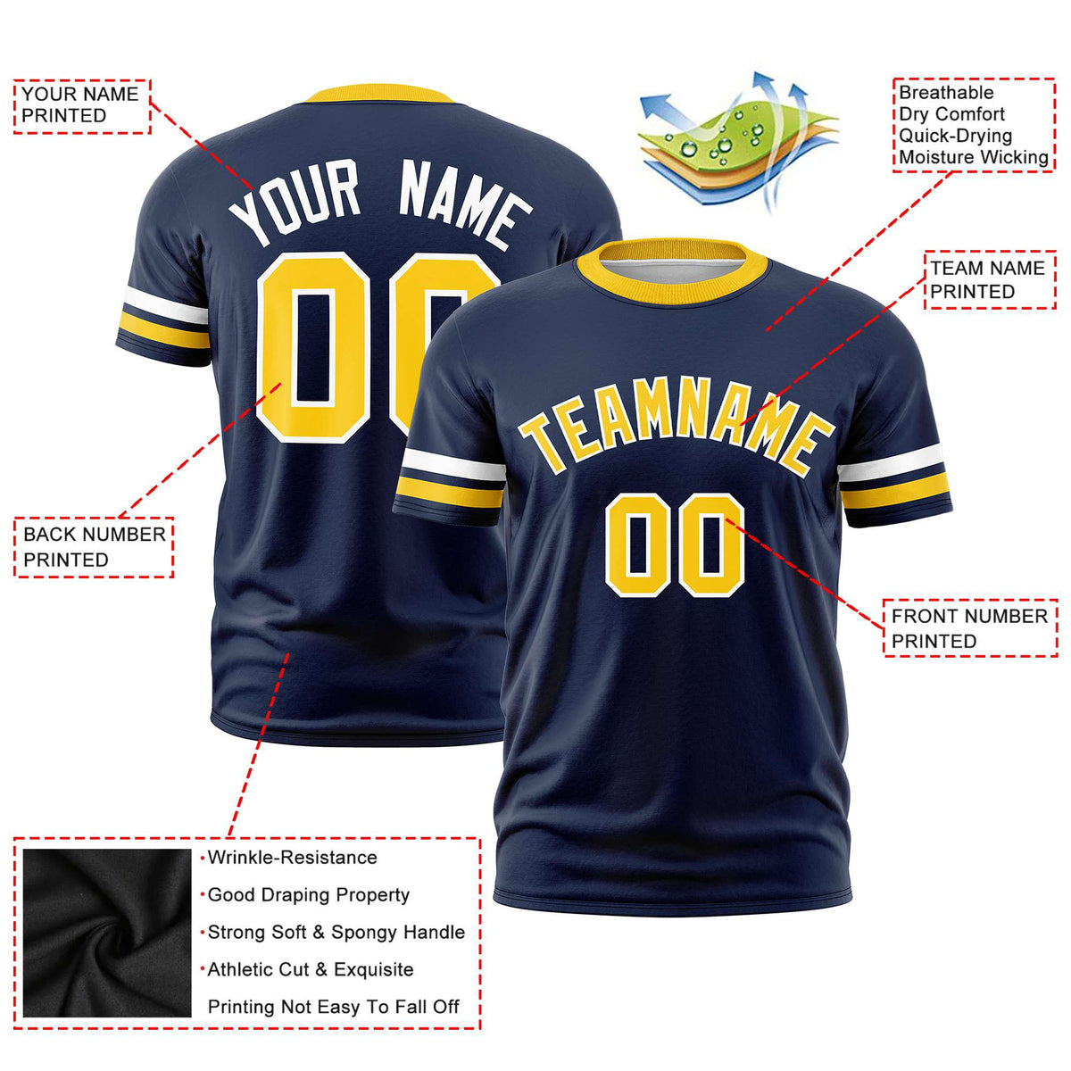 Custom Navy White-Gold01 Color Block Design Performance T-Shirt