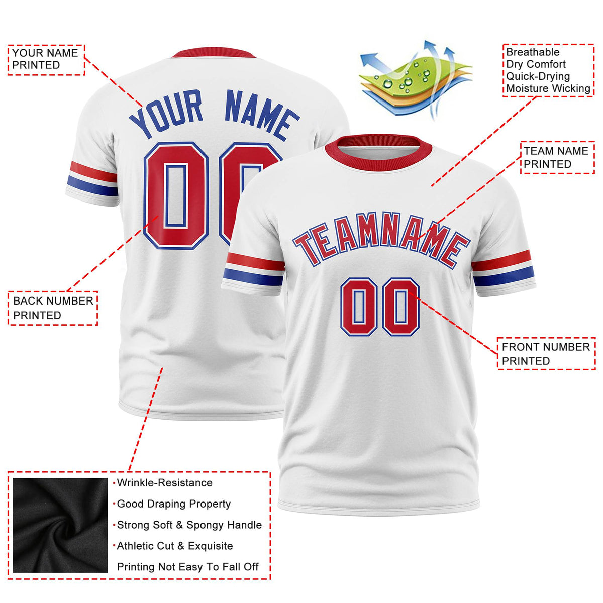 Custom White Red-Royal Blue Color Block Design Performance T-Shirt