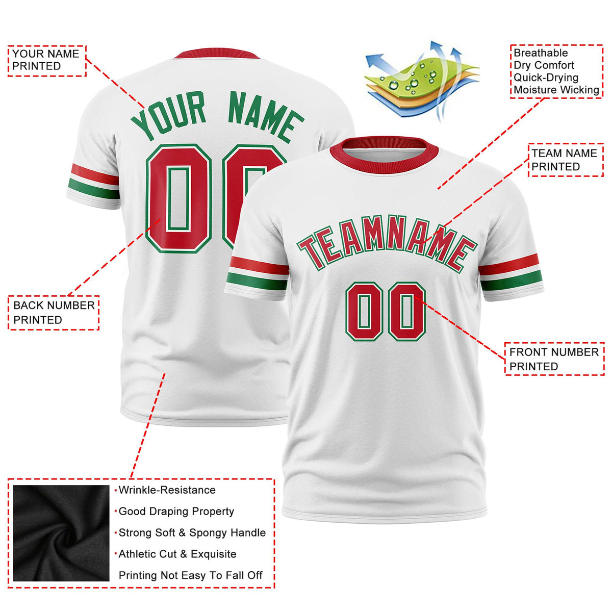 Custom White Red-Kelly Green Color Block Design Performance T-Shirt