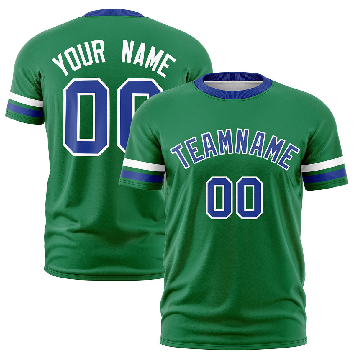 Custom Kelly Green White-Royal Blue Color Block Design Performance T-Shirt