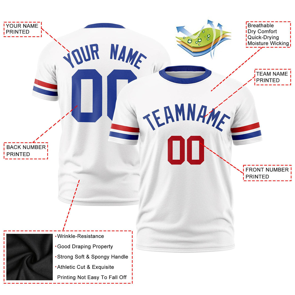 Custom White Red-Royal Blue Color Block Design Performance T-Shirt