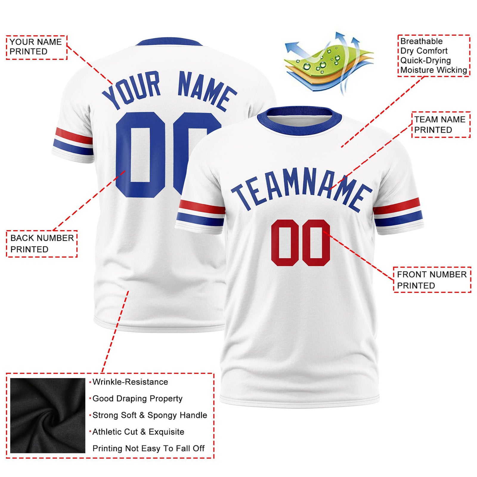 Custom White Red-Royal Blue Color Block Design Performance T-Shirt