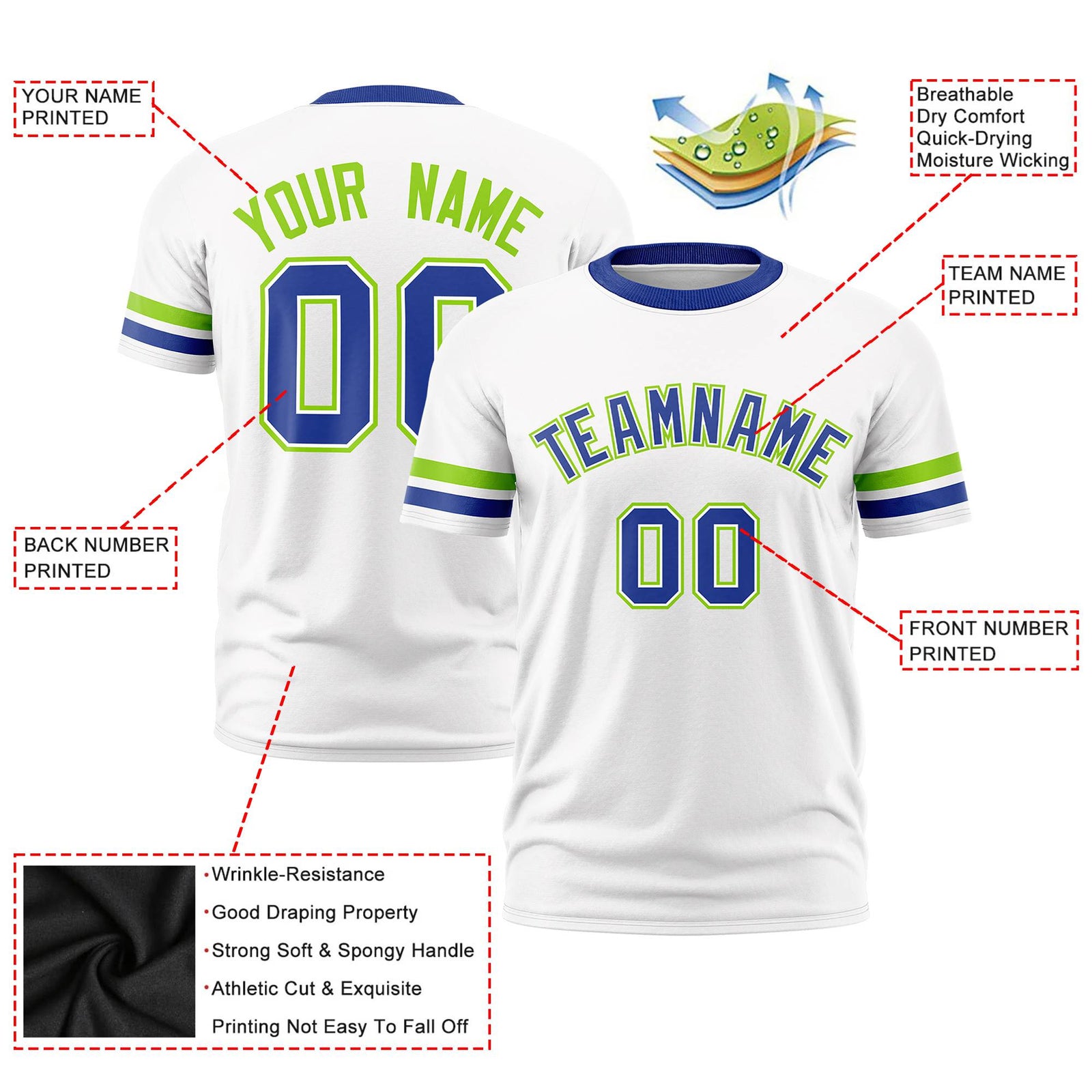 Custom White Neon Green-Royal Blue Color Block Design Performance T-Shirt